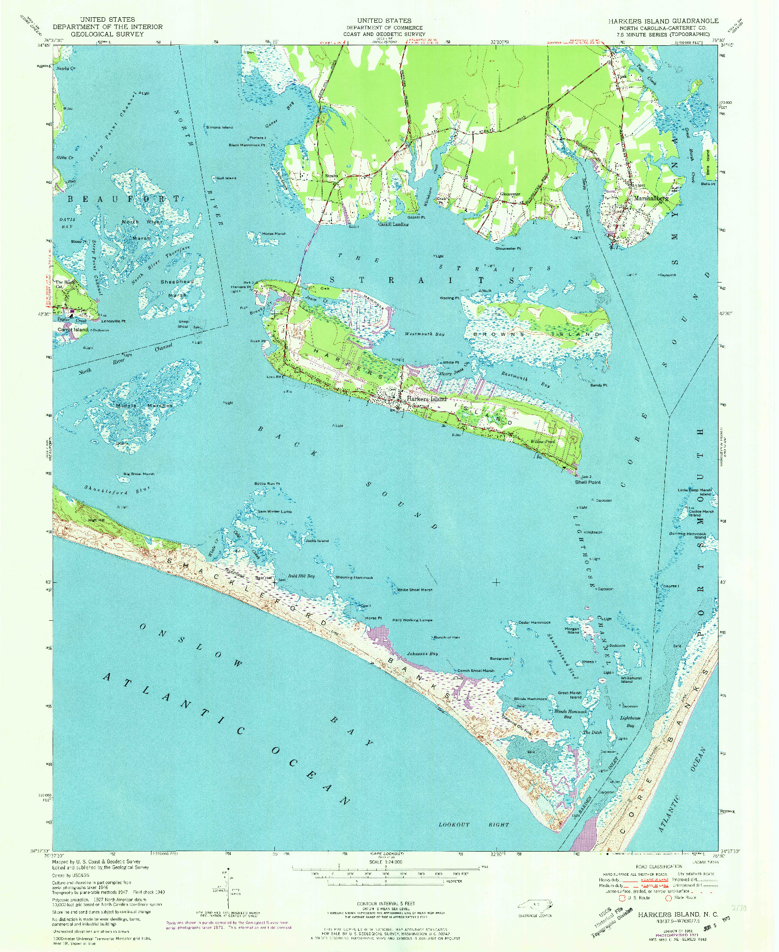 USGS 1:24000-SCALE QUADRANGLE FOR HARKERS ISLAND, NC 1951