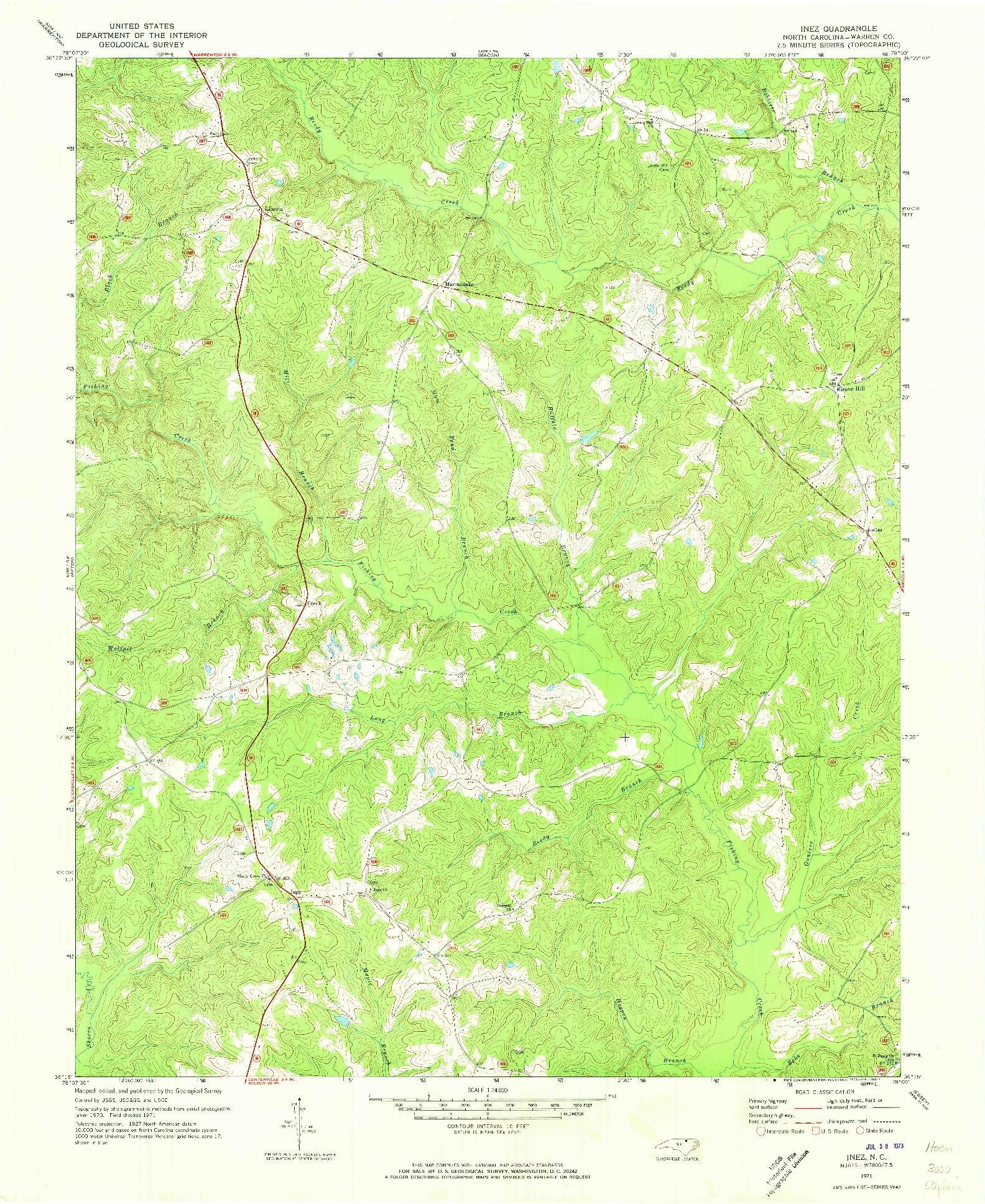 USGS 1:24000-SCALE QUADRANGLE FOR INEZ, NC 1971