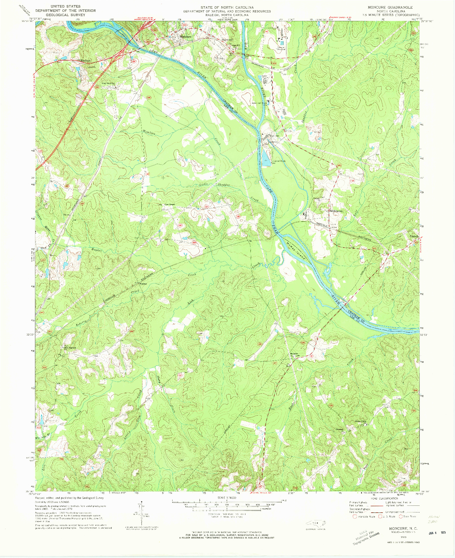 USGS 1:24000-SCALE QUADRANGLE FOR MONCURE, NC 1970