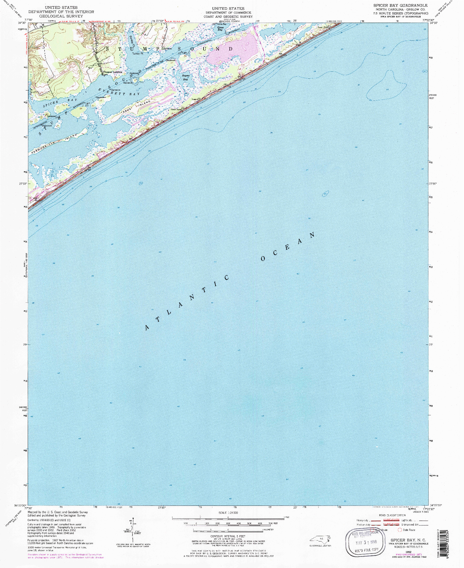 USGS 1:24000-SCALE QUADRANGLE FOR SPICER BAY, NC 1952