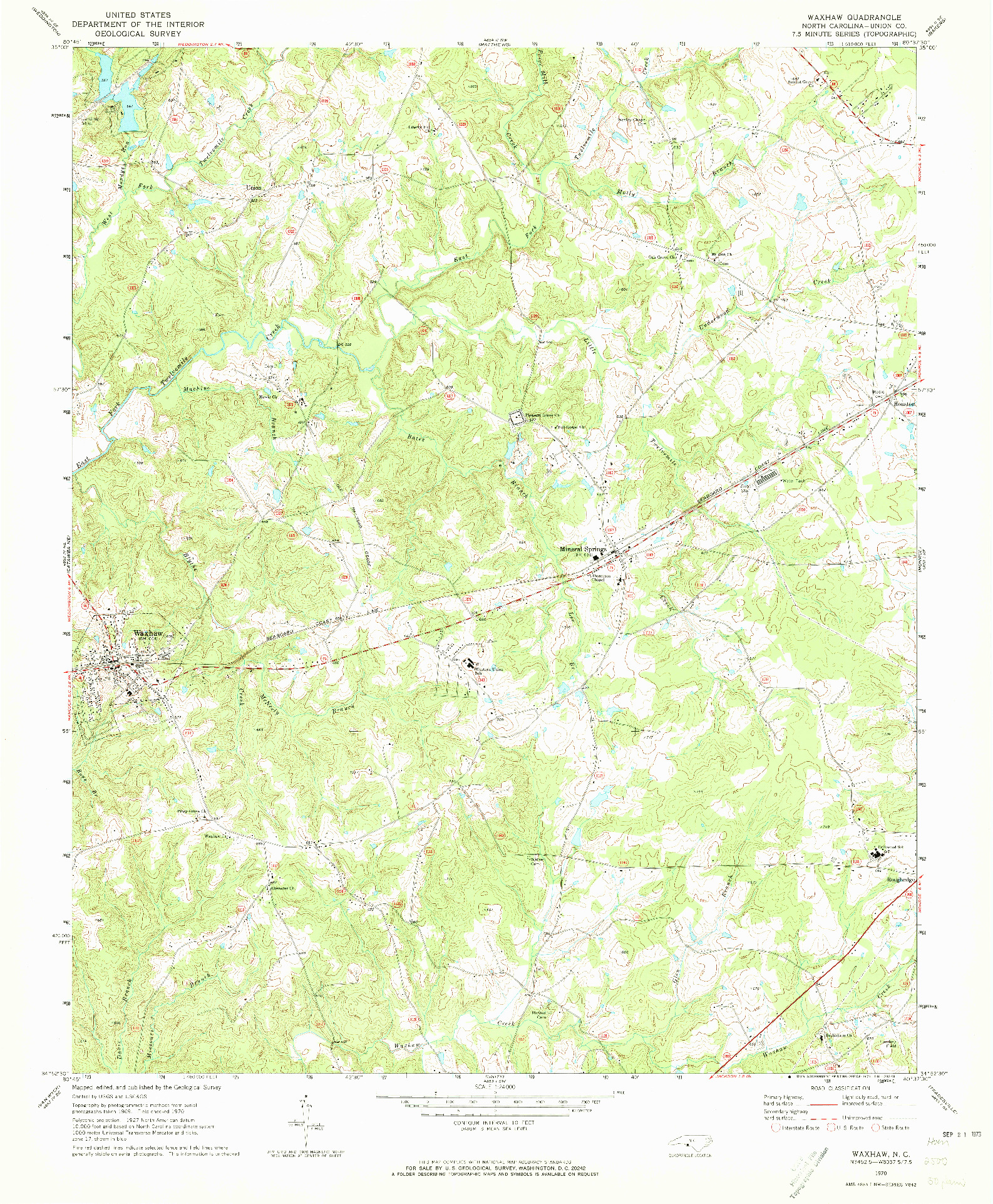 USGS 1:24000-SCALE QUADRANGLE FOR WAXHAW, NC 1970