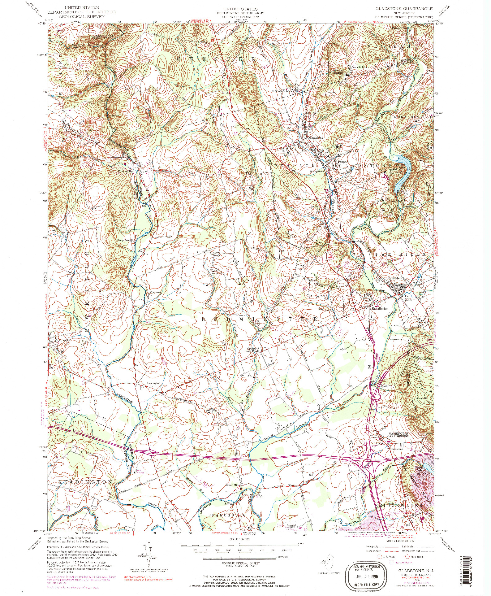 USGS 1:24000-SCALE QUADRANGLE FOR GLADSTONE, NJ 1954