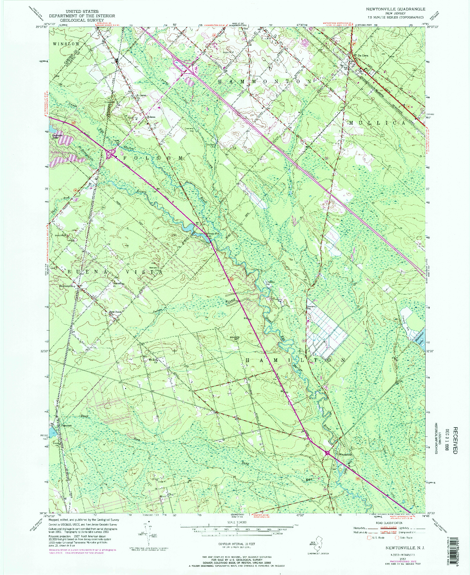 USGS 1:24000-SCALE QUADRANGLE FOR NEWTONVILLE, NJ 1953