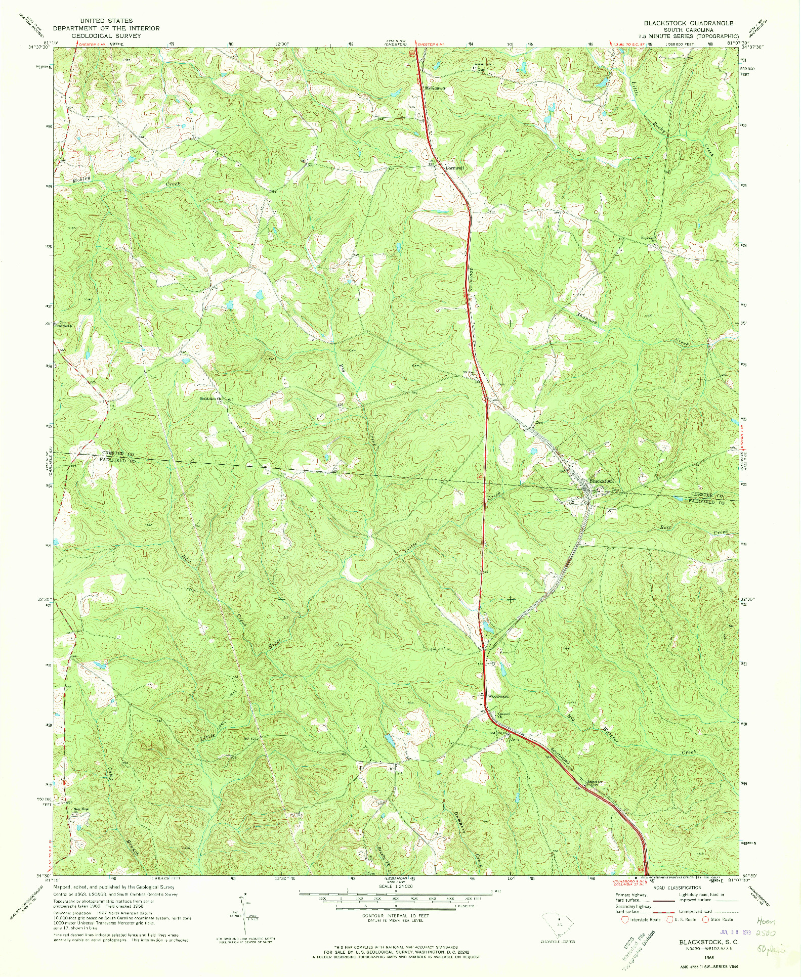 USGS 1:24000-SCALE QUADRANGLE FOR BLACKSTOCK, SC 1968