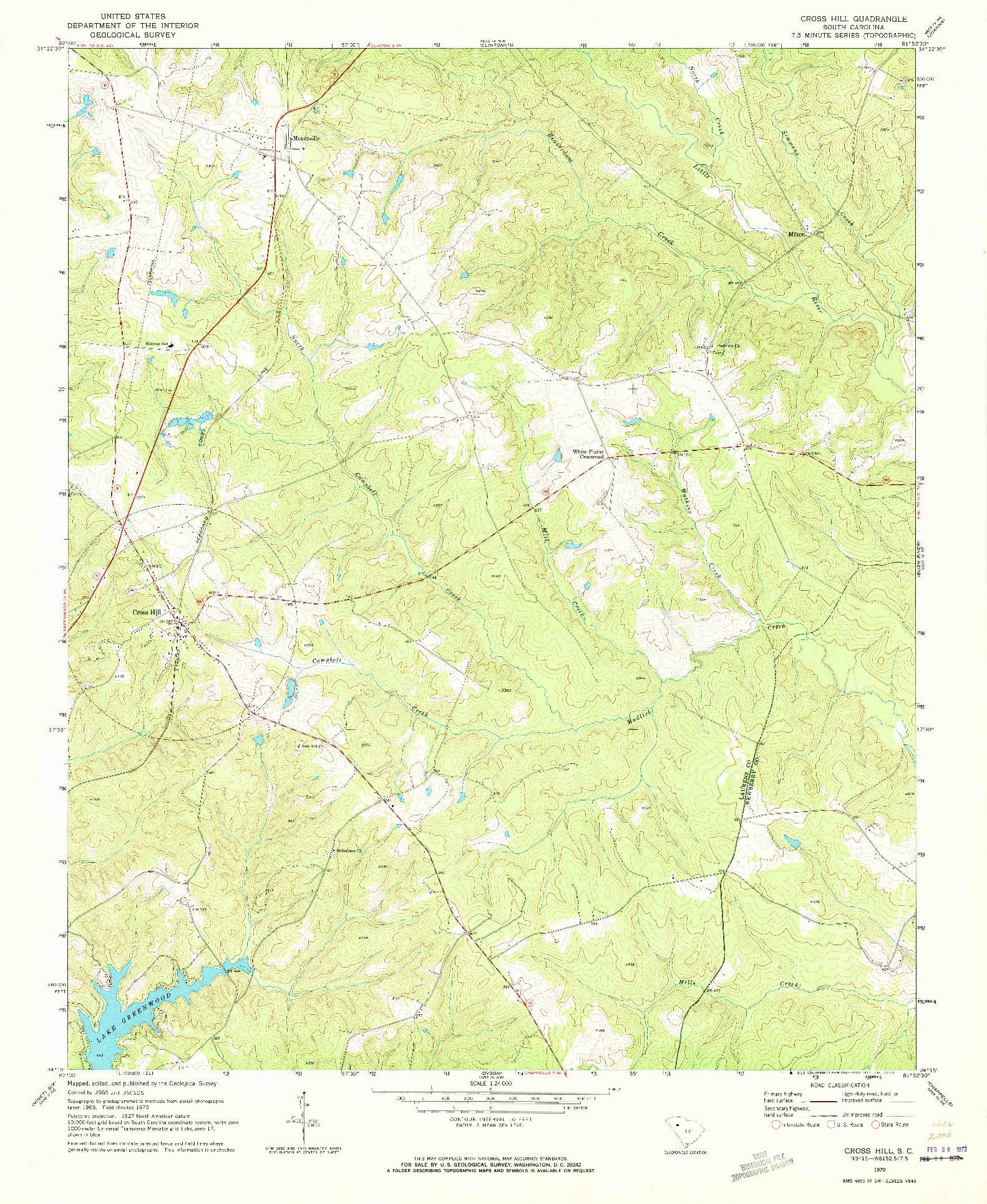 USGS 1:24000-SCALE QUADRANGLE FOR CROSS HILL, SC 1970