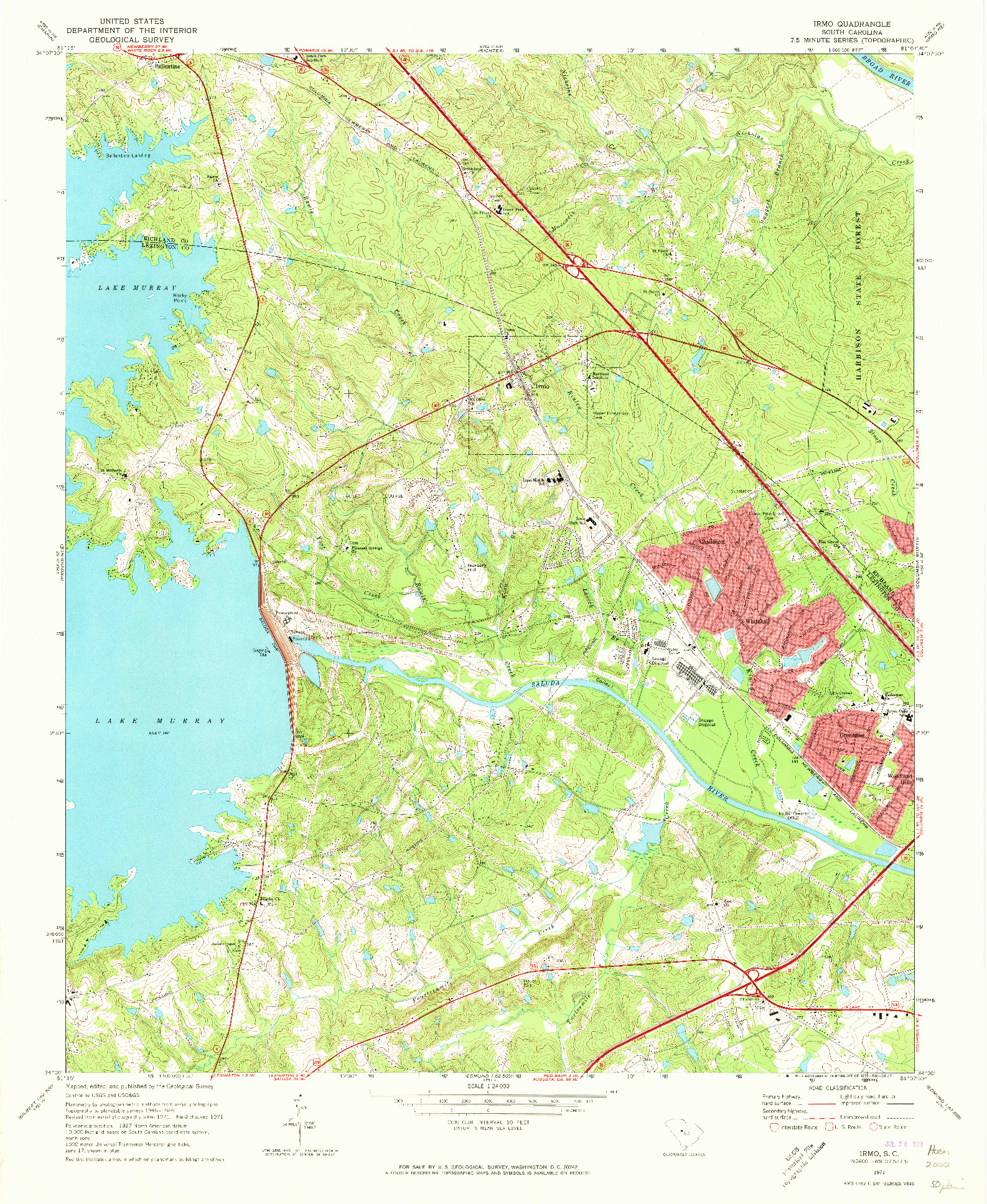 USGS 1:24000-SCALE QUADRANGLE FOR IRMO, SC 1971