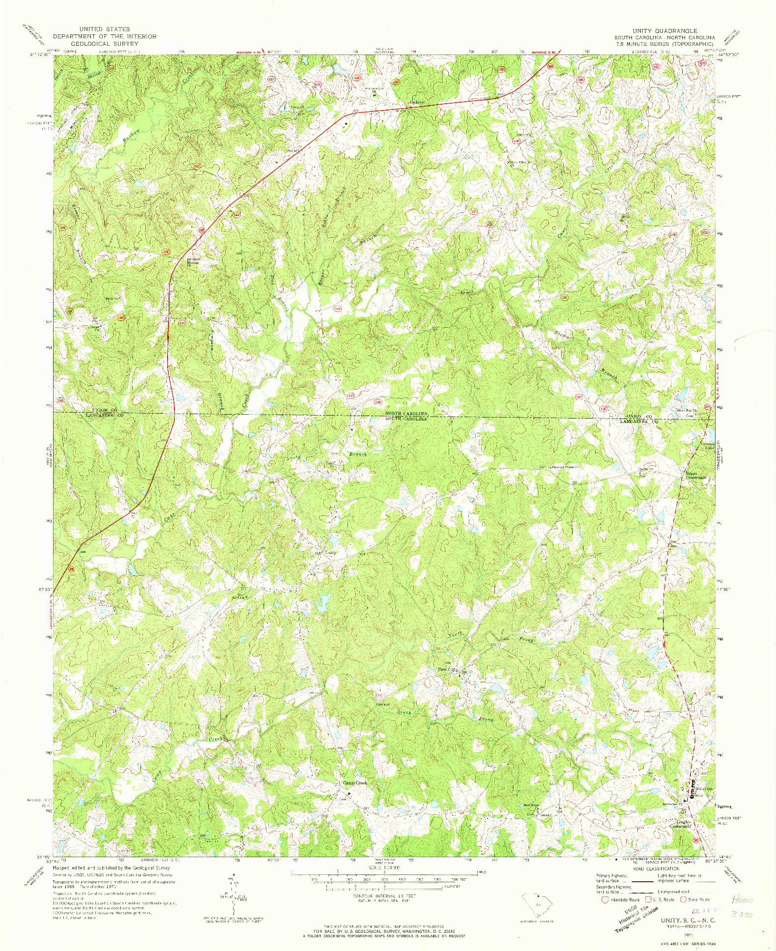 USGS 1:24000-SCALE QUADRANGLE FOR UNITY, SC 1971