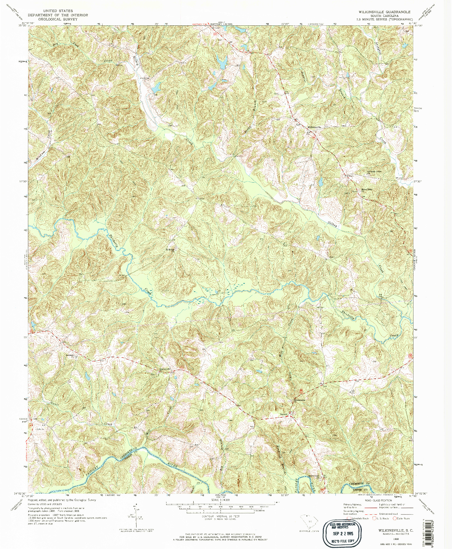 USGS 1:24000-SCALE QUADRANGLE FOR WILKINSVILLE, SC 1968