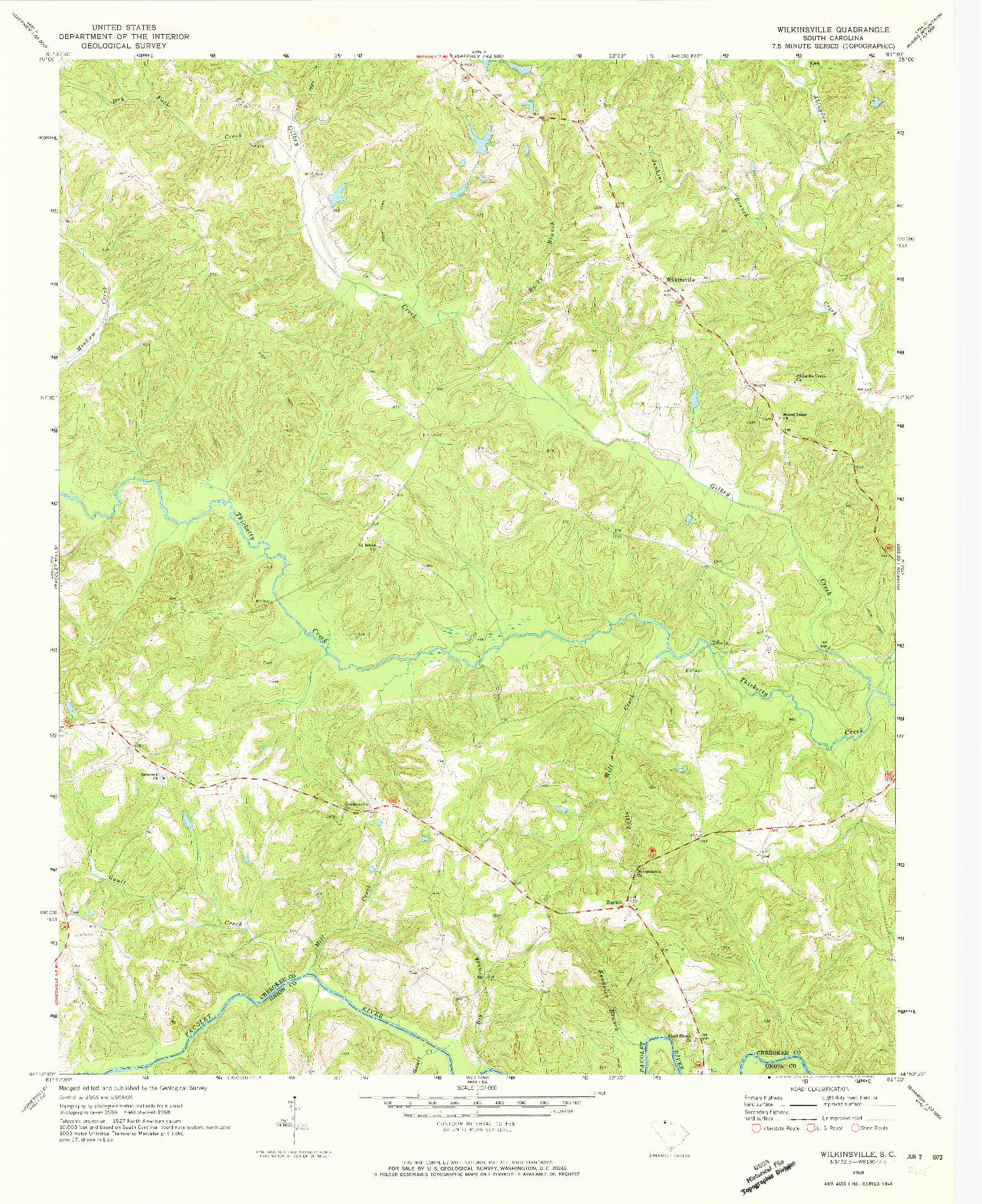 USGS 1:24000-SCALE QUADRANGLE FOR WILKINSVILLE, SC 1968