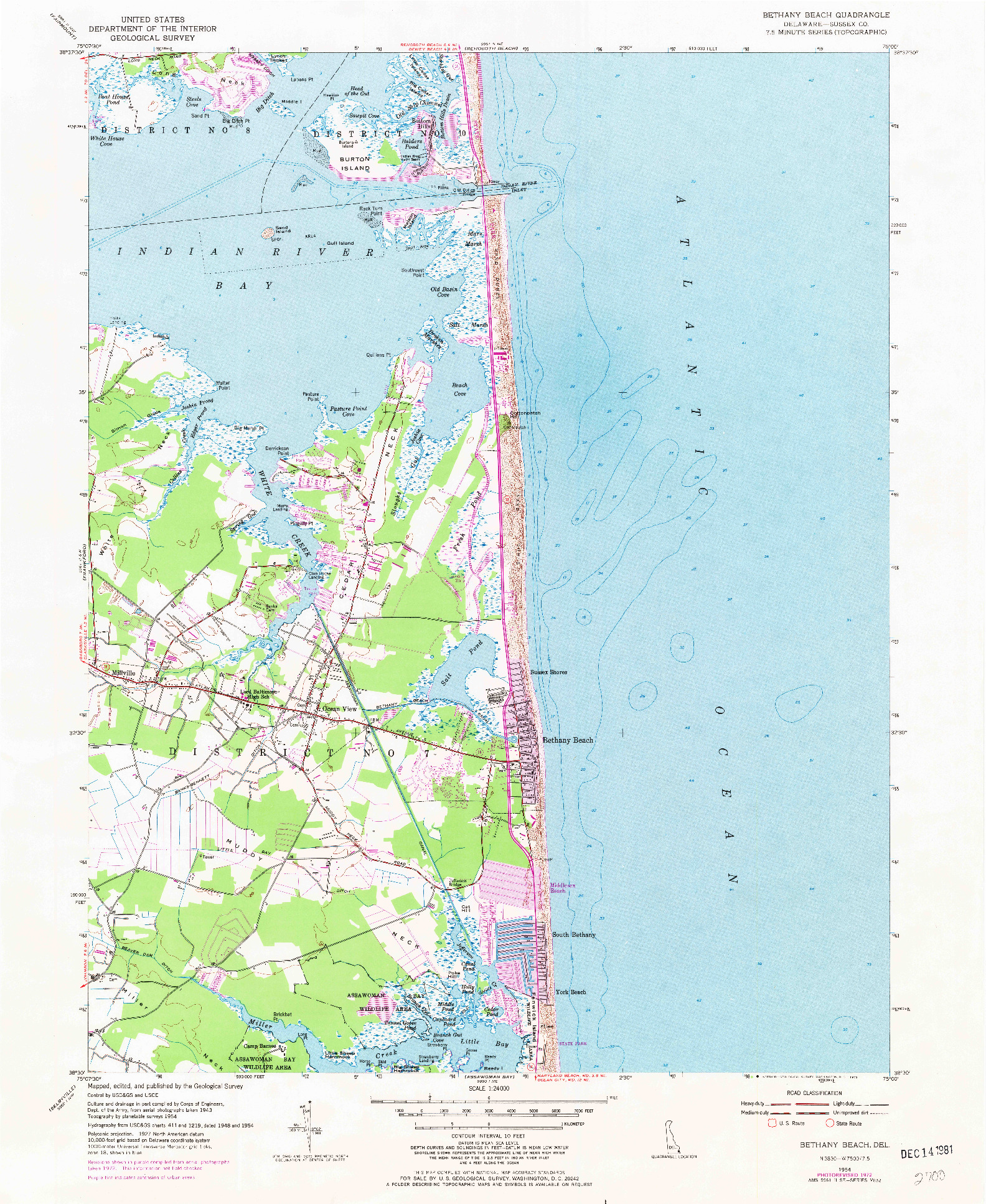 USGS 1:24000-SCALE QUADRANGLE FOR BETHANY BEACH, DE 1954