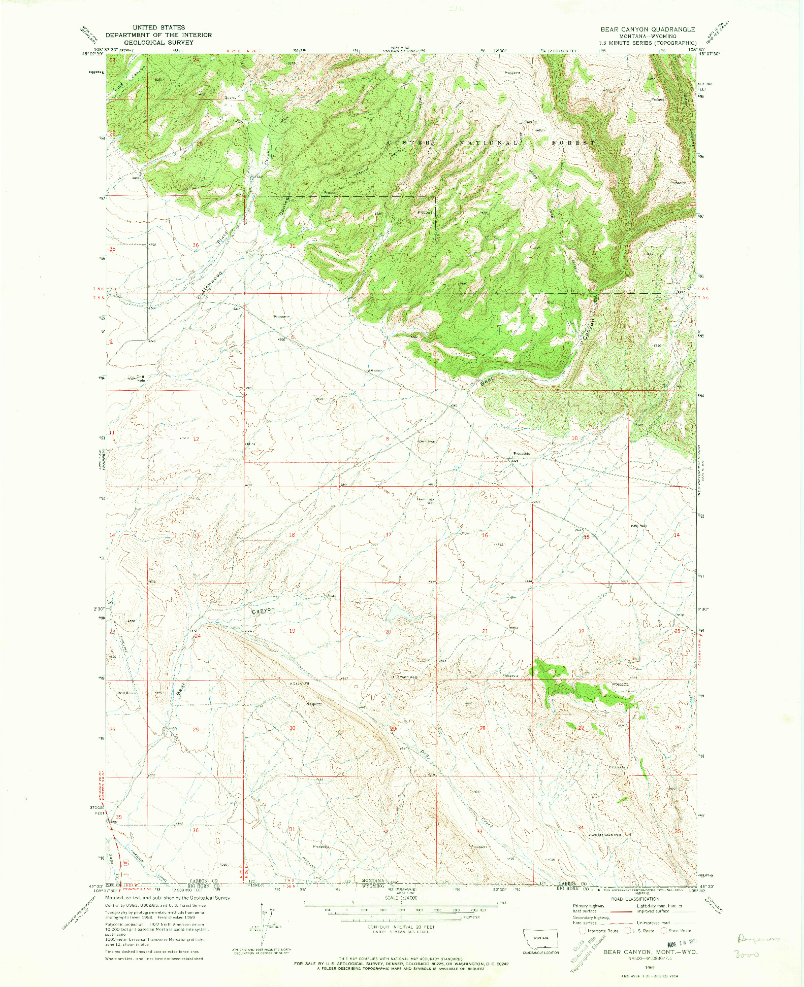 USGS 1:24000-SCALE QUADRANGLE FOR BEAR CANYON, MT 1969