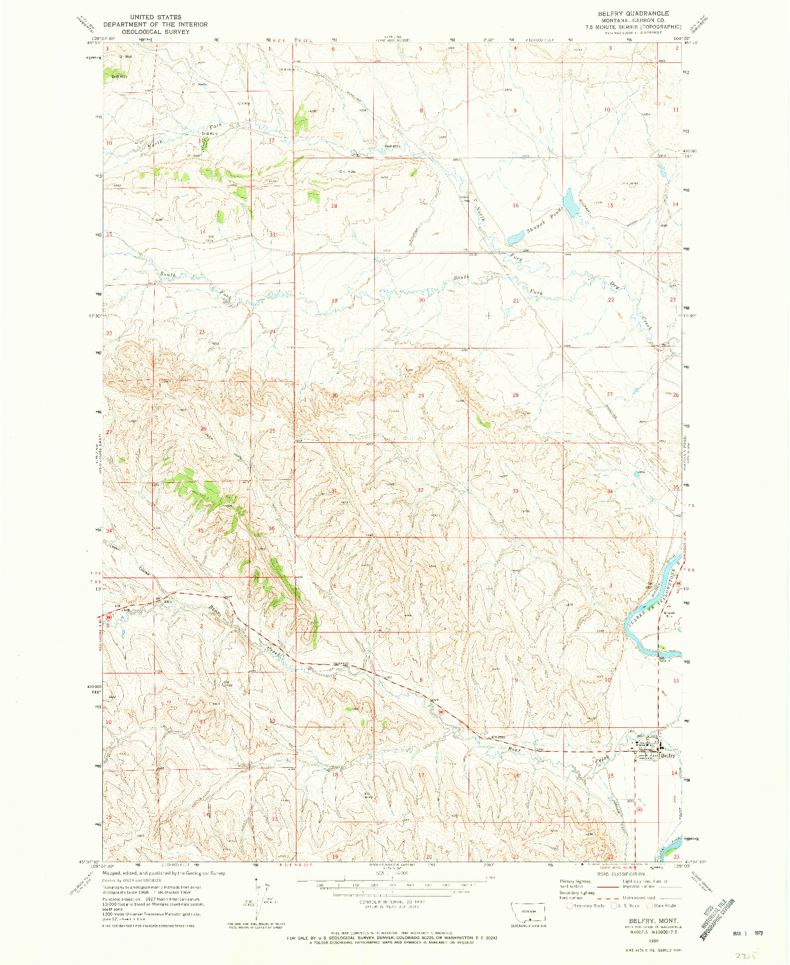 USGS 1:24000-SCALE QUADRANGLE FOR BELFRY, MT 1969