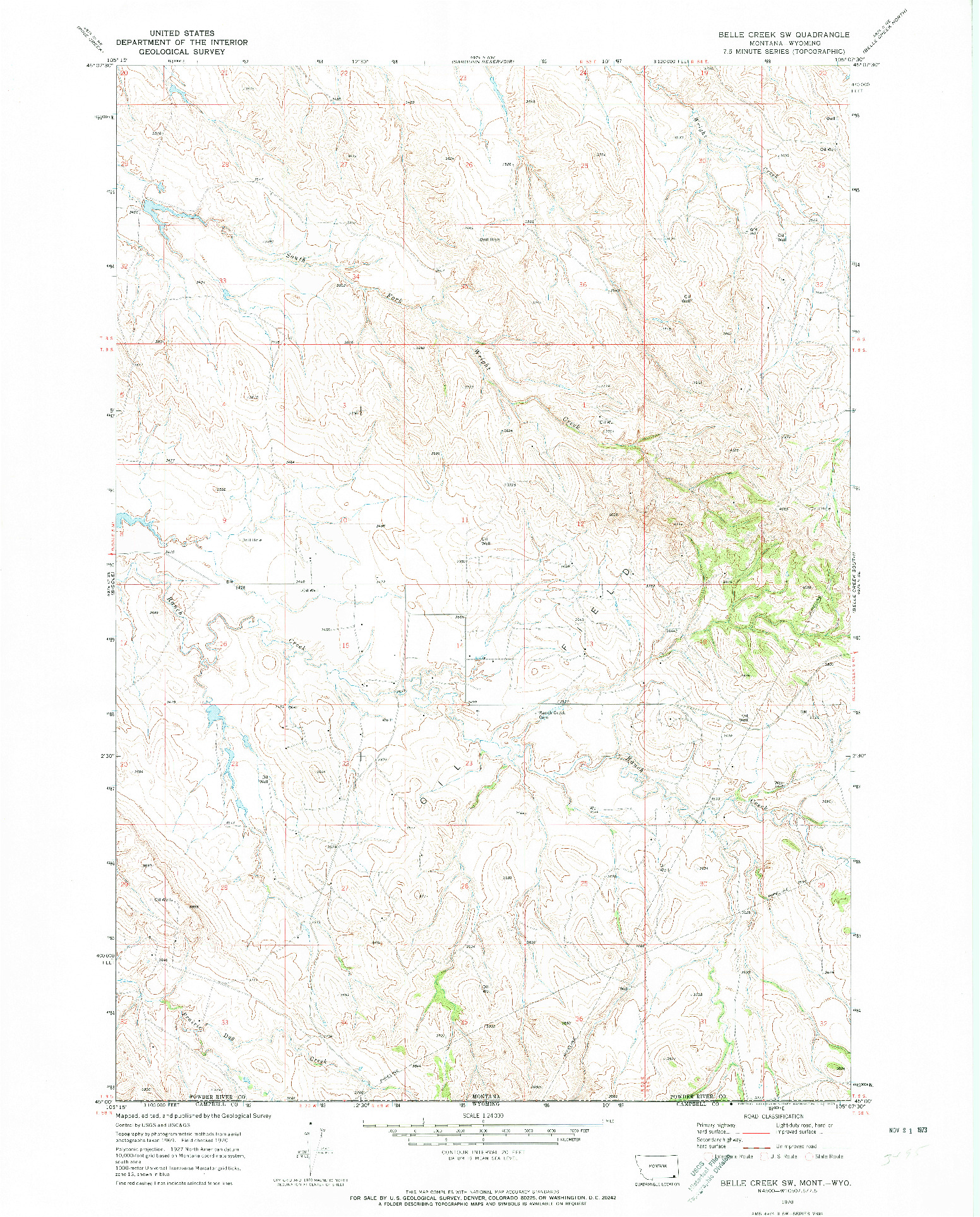 USGS 1:24000-SCALE QUADRANGLE FOR BELLE CREEK SW, MT 1970