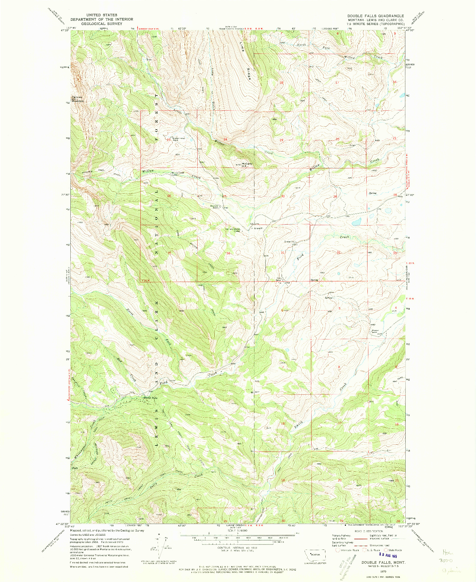 USGS 1:24000-SCALE QUADRANGLE FOR DOUBLE FALLS, MT 1970