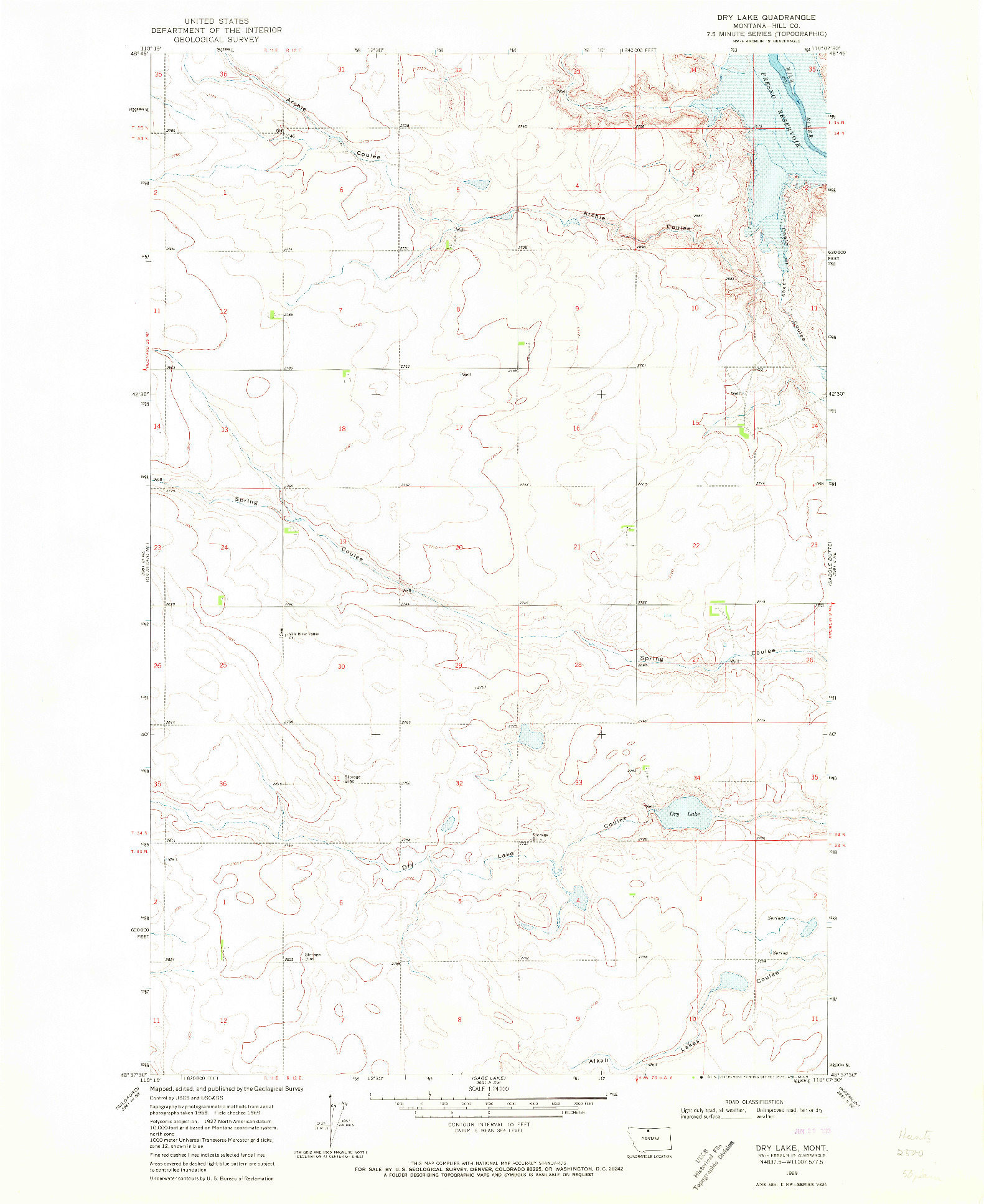 USGS 1:24000-SCALE QUADRANGLE FOR DRY LAKE, MT 1969