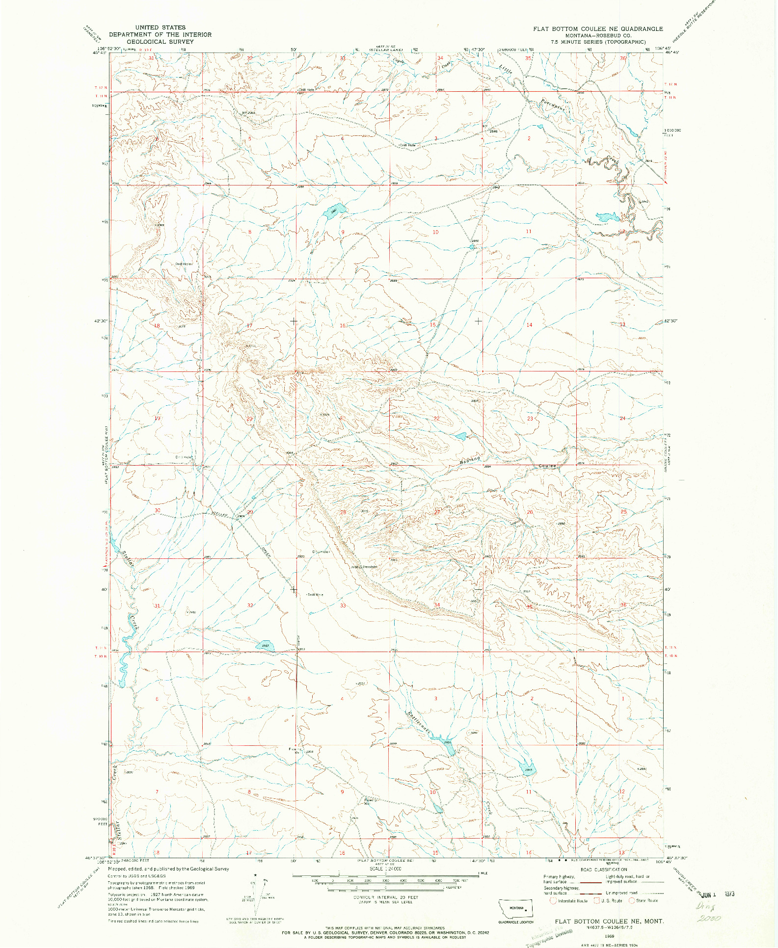 USGS 1:24000-SCALE QUADRANGLE FOR FLAT BOTTOM COULEE NE, MT 1969