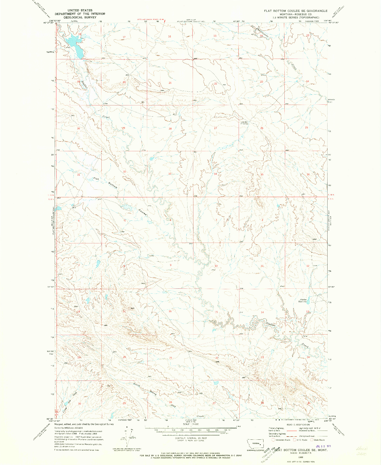USGS 1:24000-SCALE QUADRANGLE FOR FLAT BOTTOM COULEE SE, MT 1969