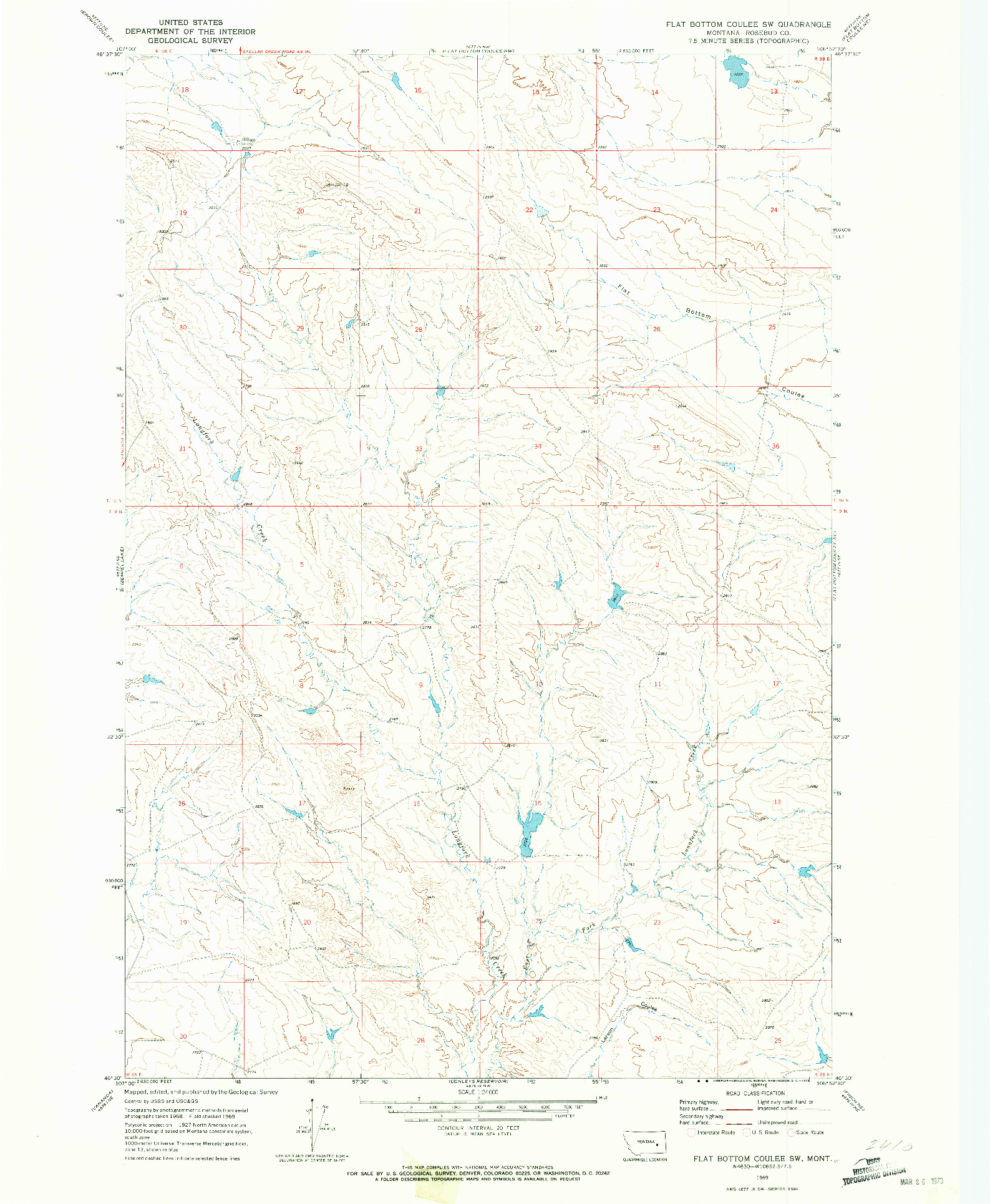 USGS 1:24000-SCALE QUADRANGLE FOR FLAT BOTTOM COULEE SW, MT 1969