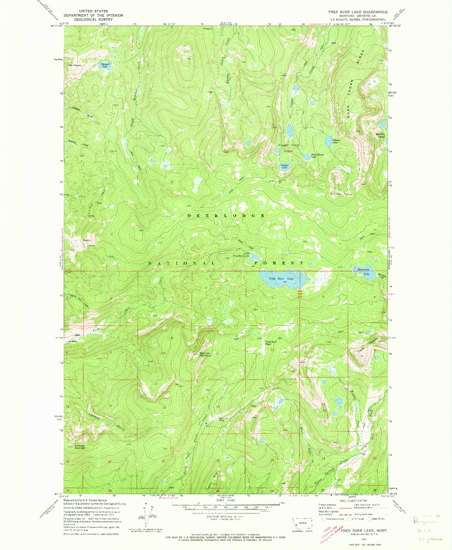 USGS 1:24000-SCALE QUADRANGLE FOR FRED BURR LAKE, MT 1971