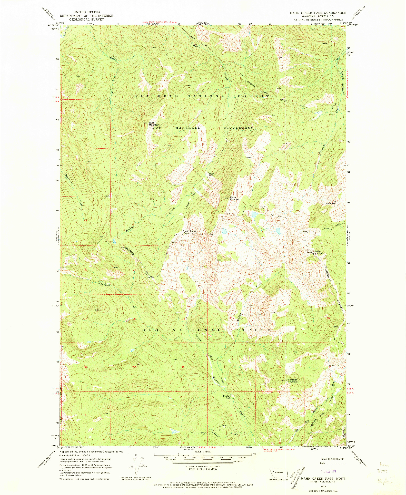 USGS 1:24000-SCALE QUADRANGLE FOR HAHN CREEK PASS, MT 1970