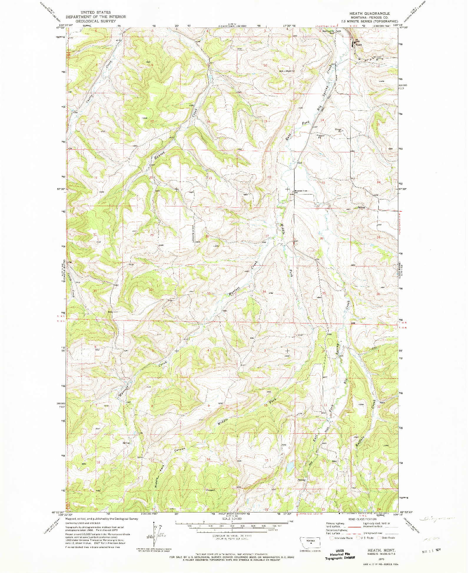 USGS 1:24000-SCALE QUADRANGLE FOR HEATH, MT 1970
