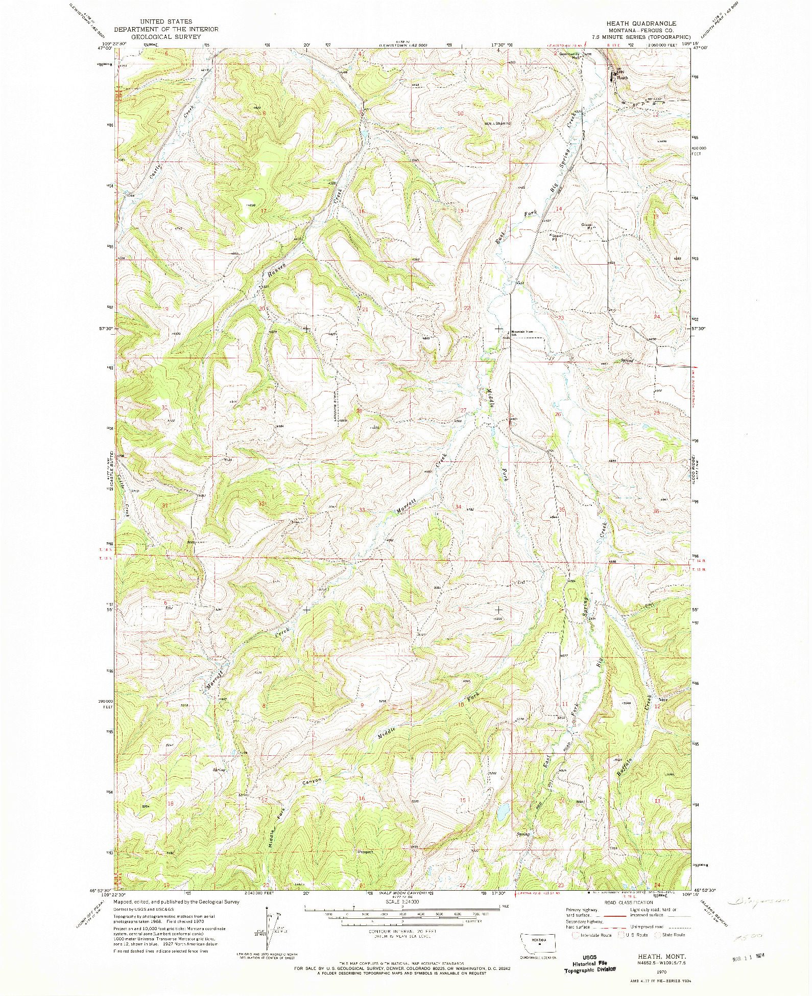 USGS 1:24000-SCALE QUADRANGLE FOR HEATH, MT 1970