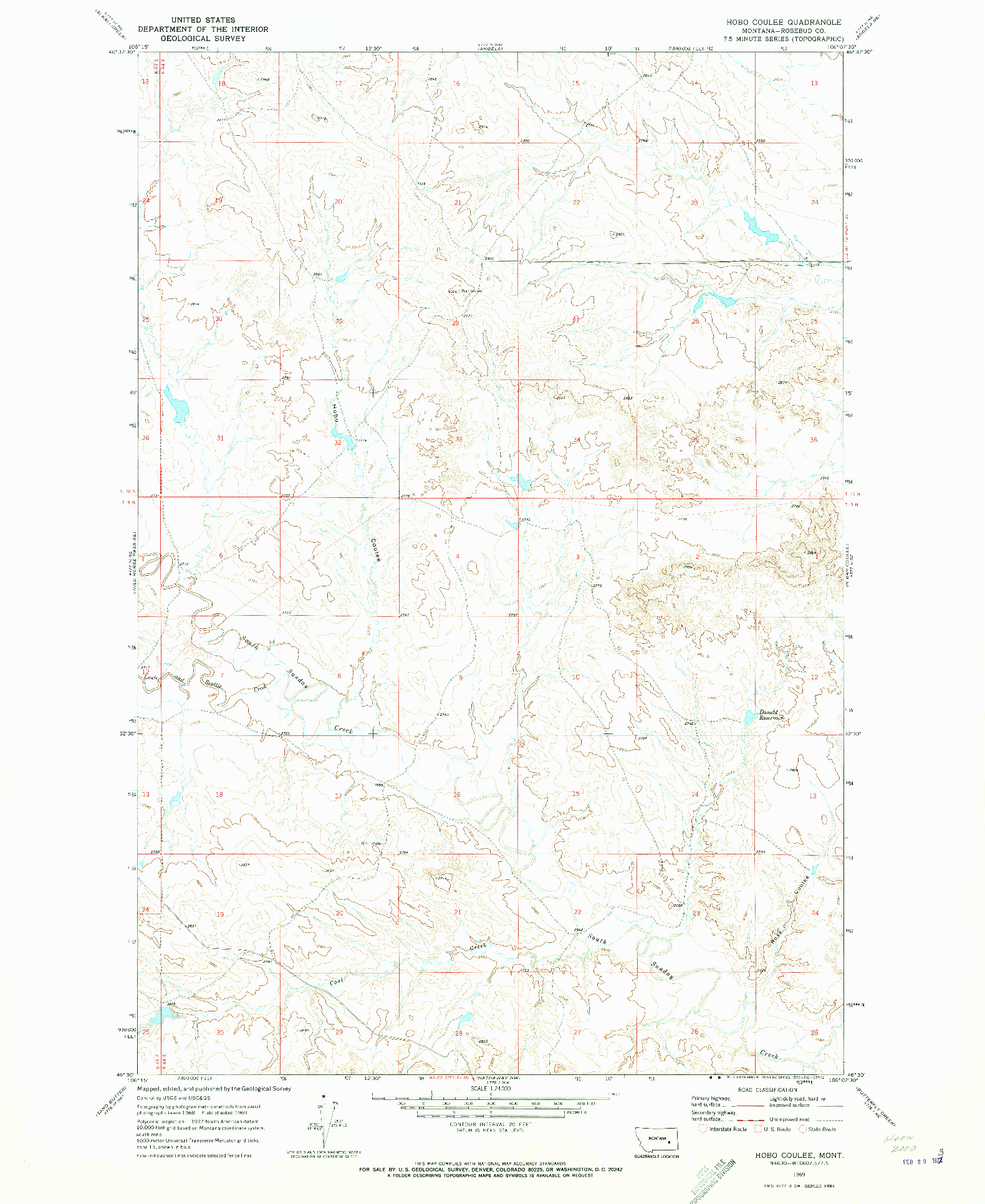 USGS 1:24000-SCALE QUADRANGLE FOR HOBO COULEE, MT 1969