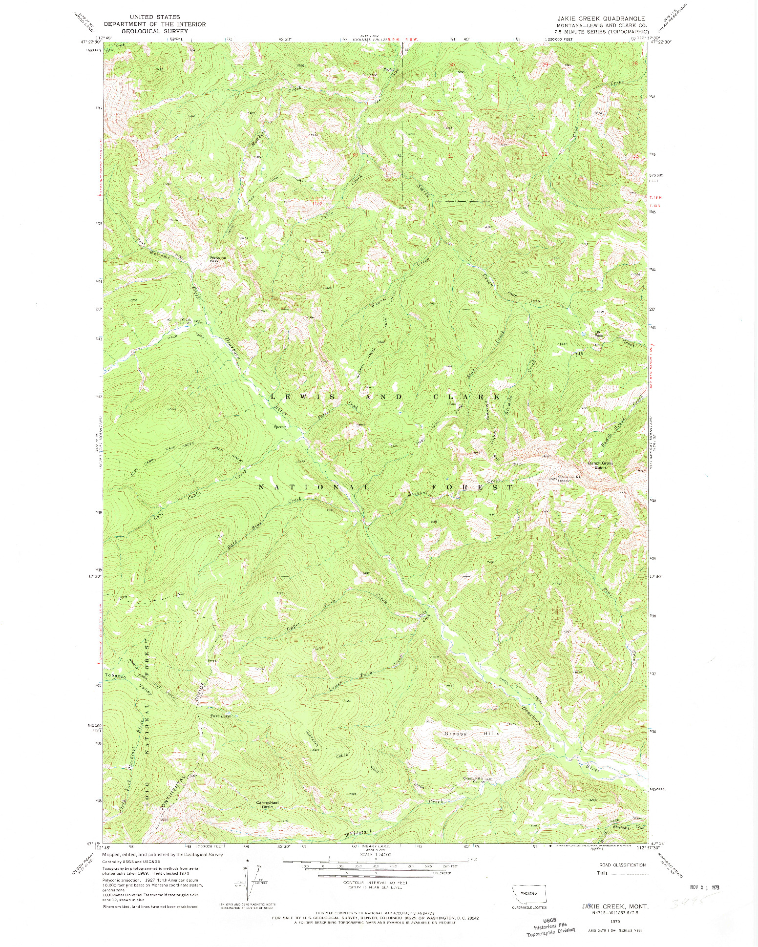 USGS 1:24000-SCALE QUADRANGLE FOR JAKIE CREEK, MT 1970