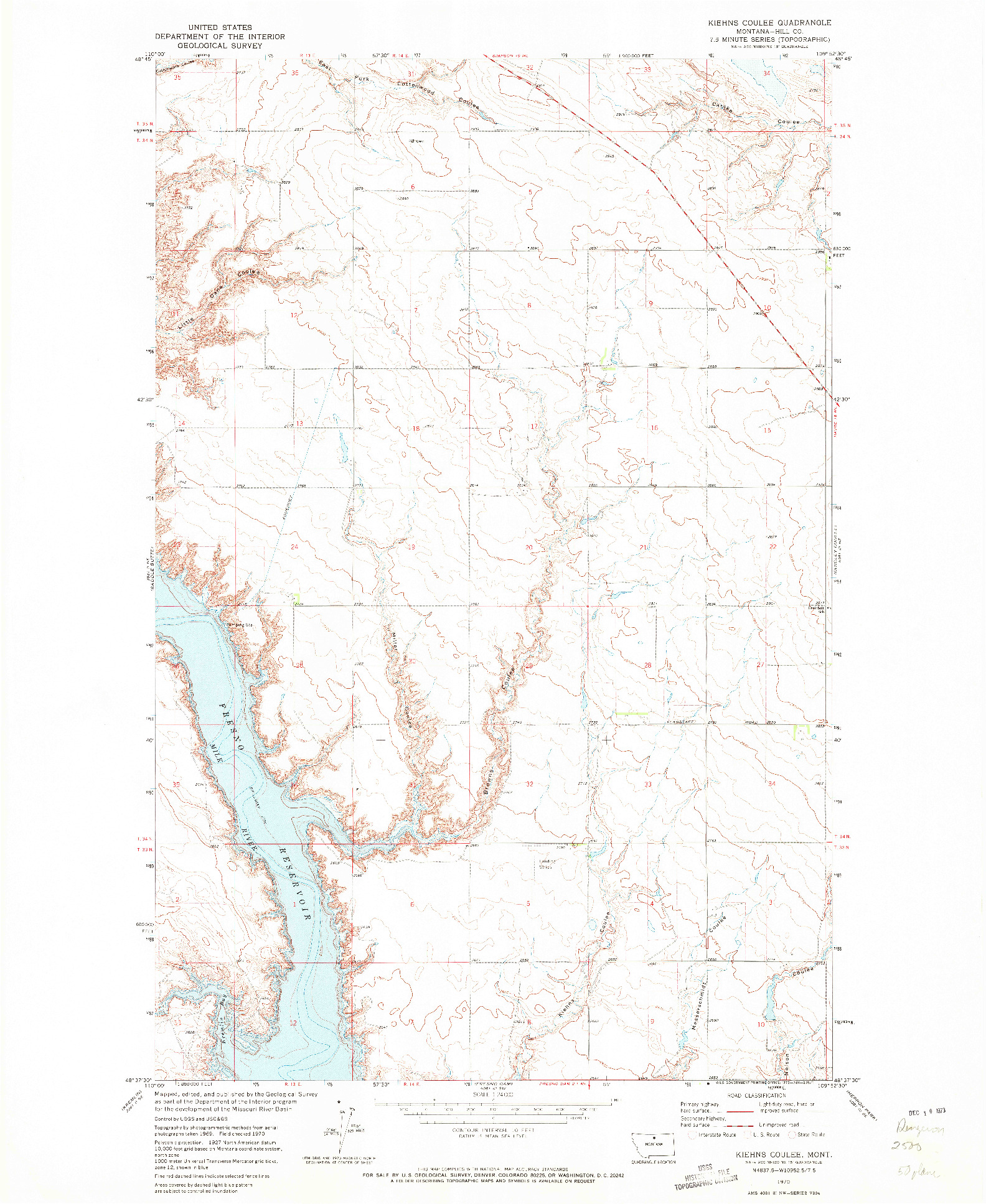 USGS 1:24000-SCALE QUADRANGLE FOR KIEHNS COULEE, MT 1970