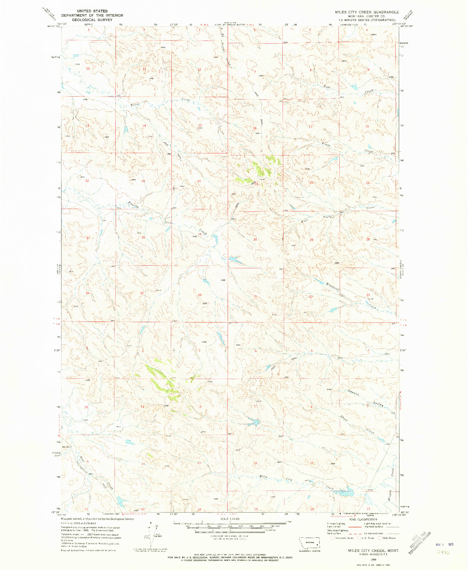 USGS 1:24000-SCALE QUADRANGLE FOR MILES CITY CREEK, MT 1969