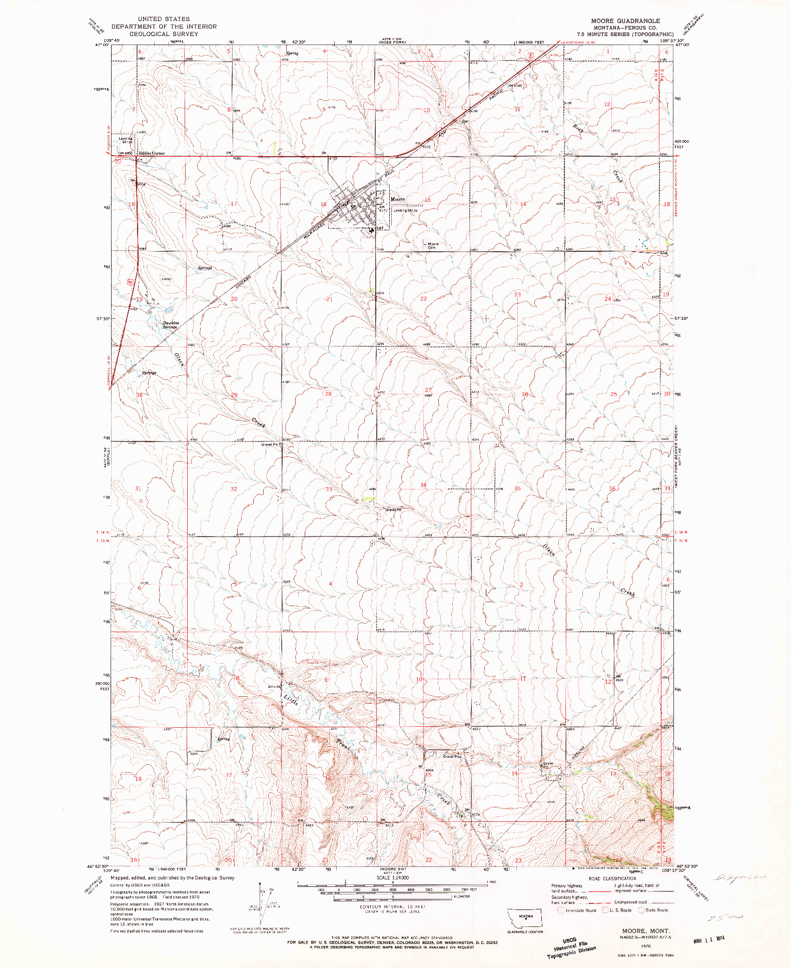 USGS 1:24000-SCALE QUADRANGLE FOR MOORE, MT 1970