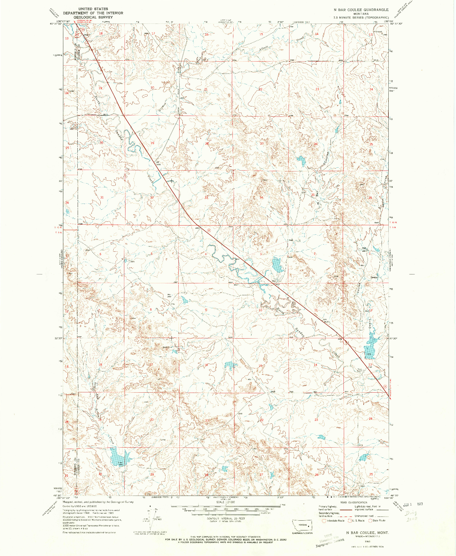 USGS 1:24000-SCALE QUADRANGLE FOR N BAR COULEE, MT 1969