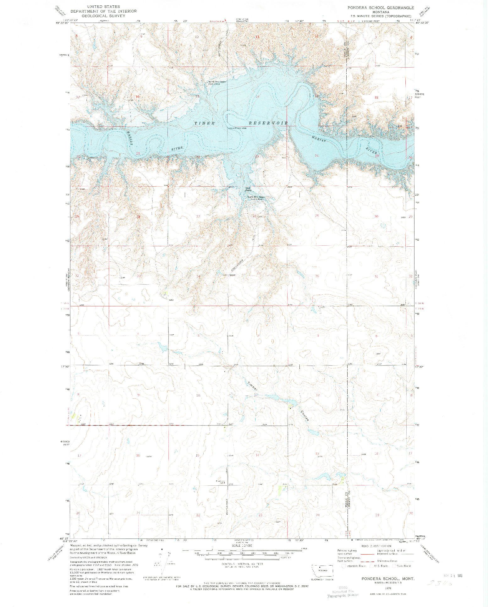 USGS 1:24000-SCALE QUADRANGLE FOR PONDERA SCHOOL, MT 1970