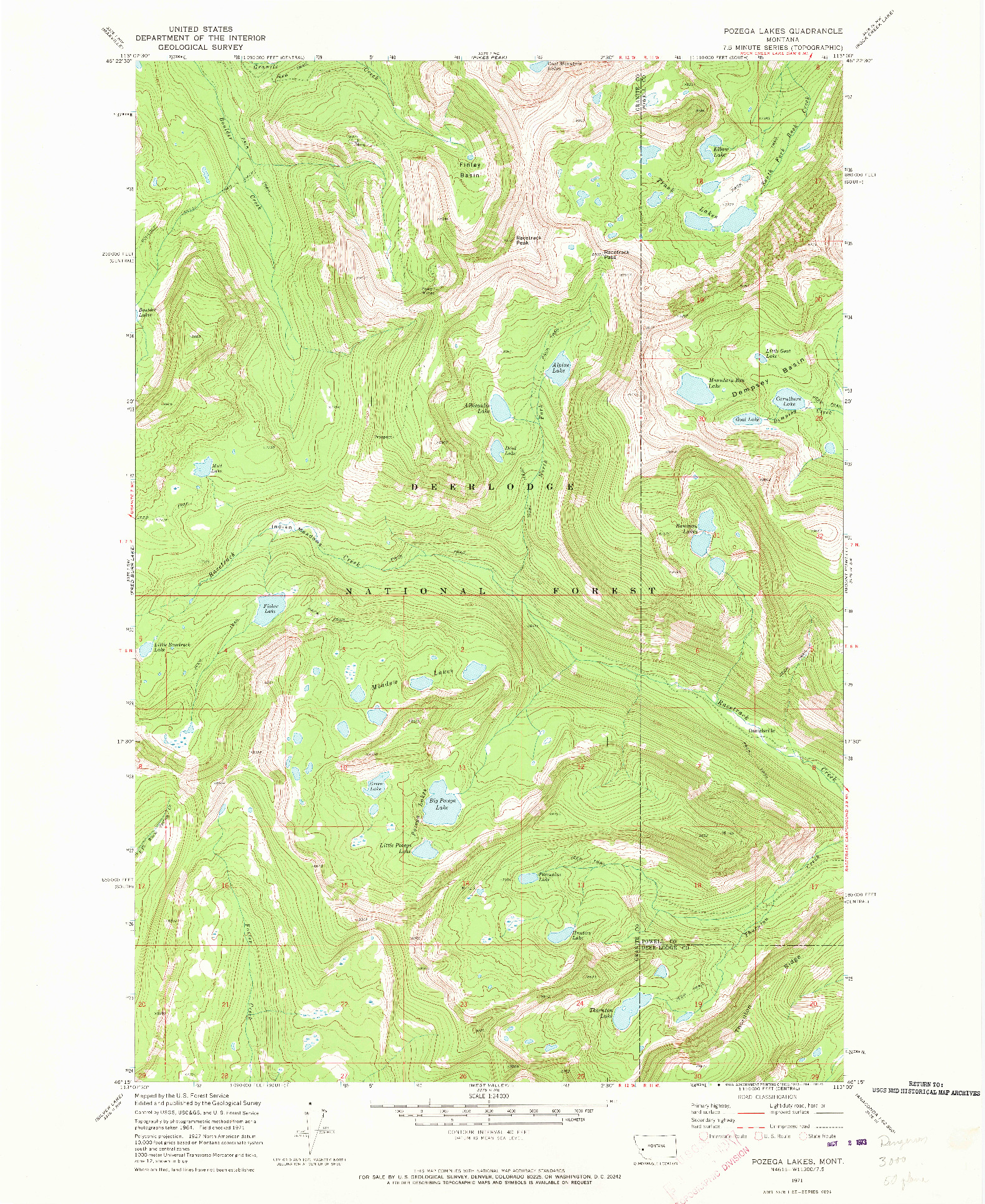 USGS 1:24000-SCALE QUADRANGLE FOR POZEGA LAKES, MT 1971