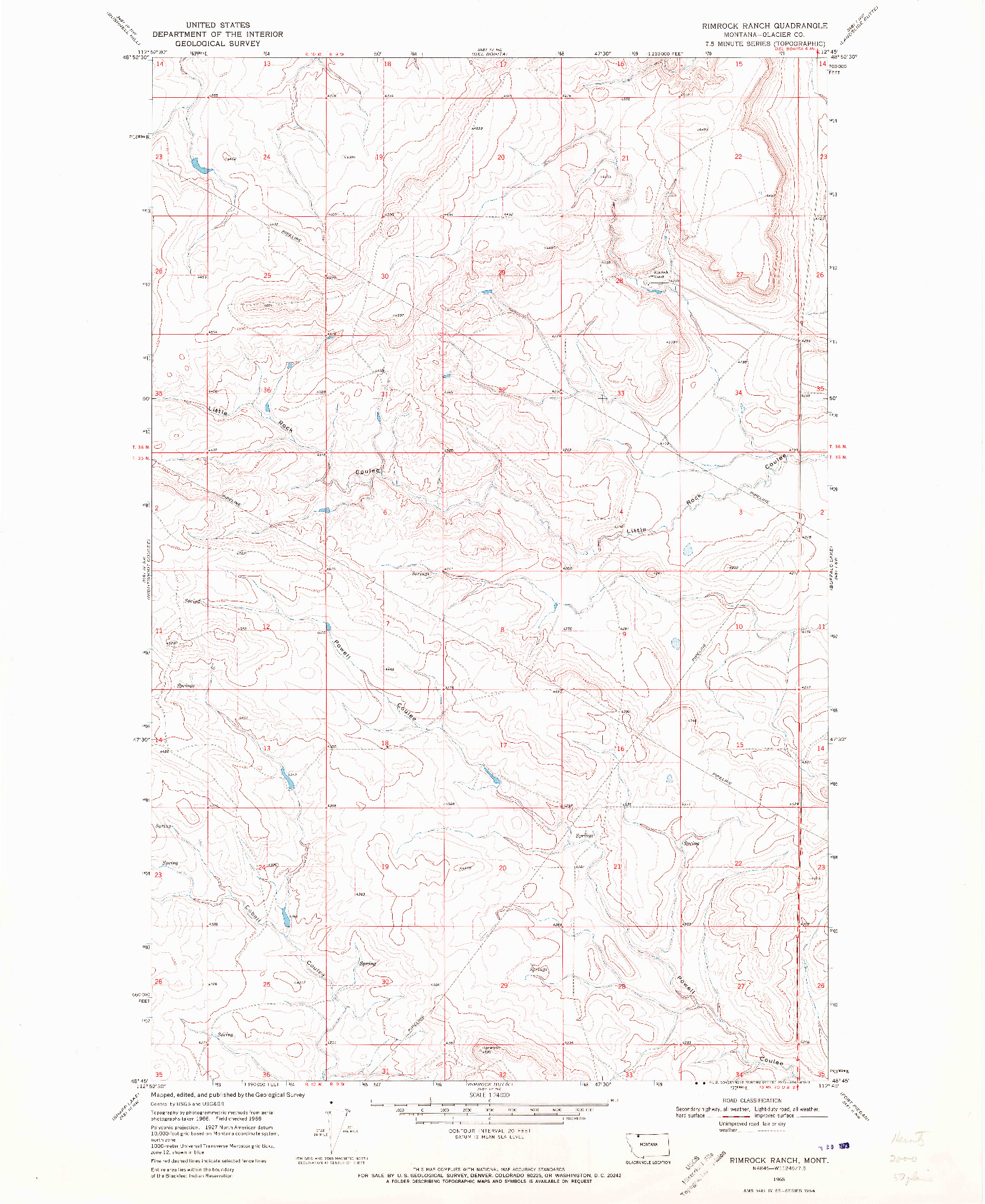 USGS 1:24000-SCALE QUADRANGLE FOR RIMROCK RANCH, MT 1968