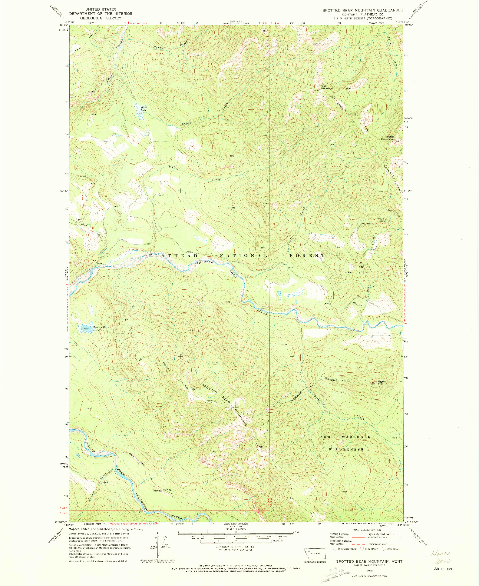 USGS 1:24000-SCALE QUADRANGLE FOR SPOTTED BEAR MOUNTAIN, MT 1970