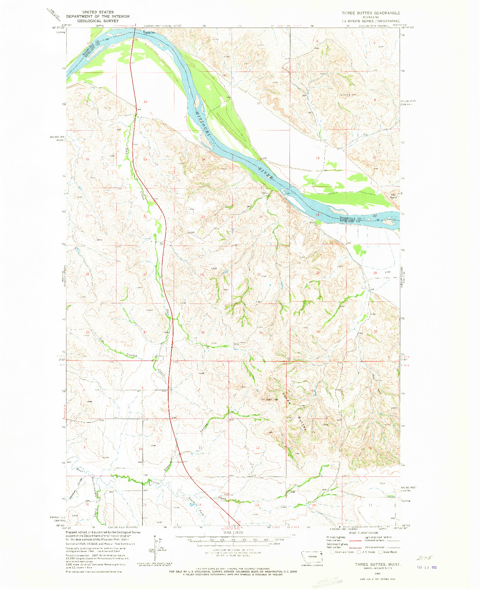 USGS 1:24000-SCALE QUADRANGLE FOR THREE BUTTES, MT 1969