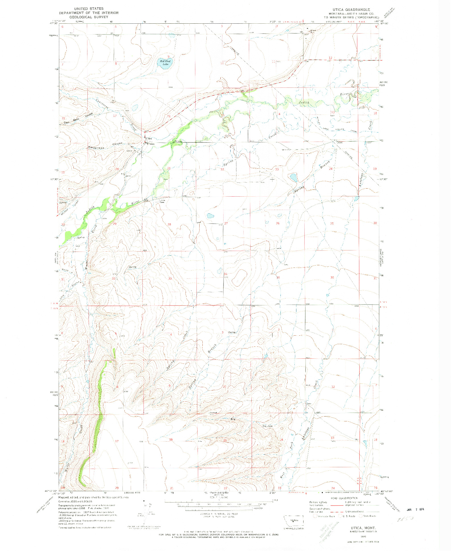 USGS 1:24000-SCALE QUADRANGLE FOR UTICA, MT 1970