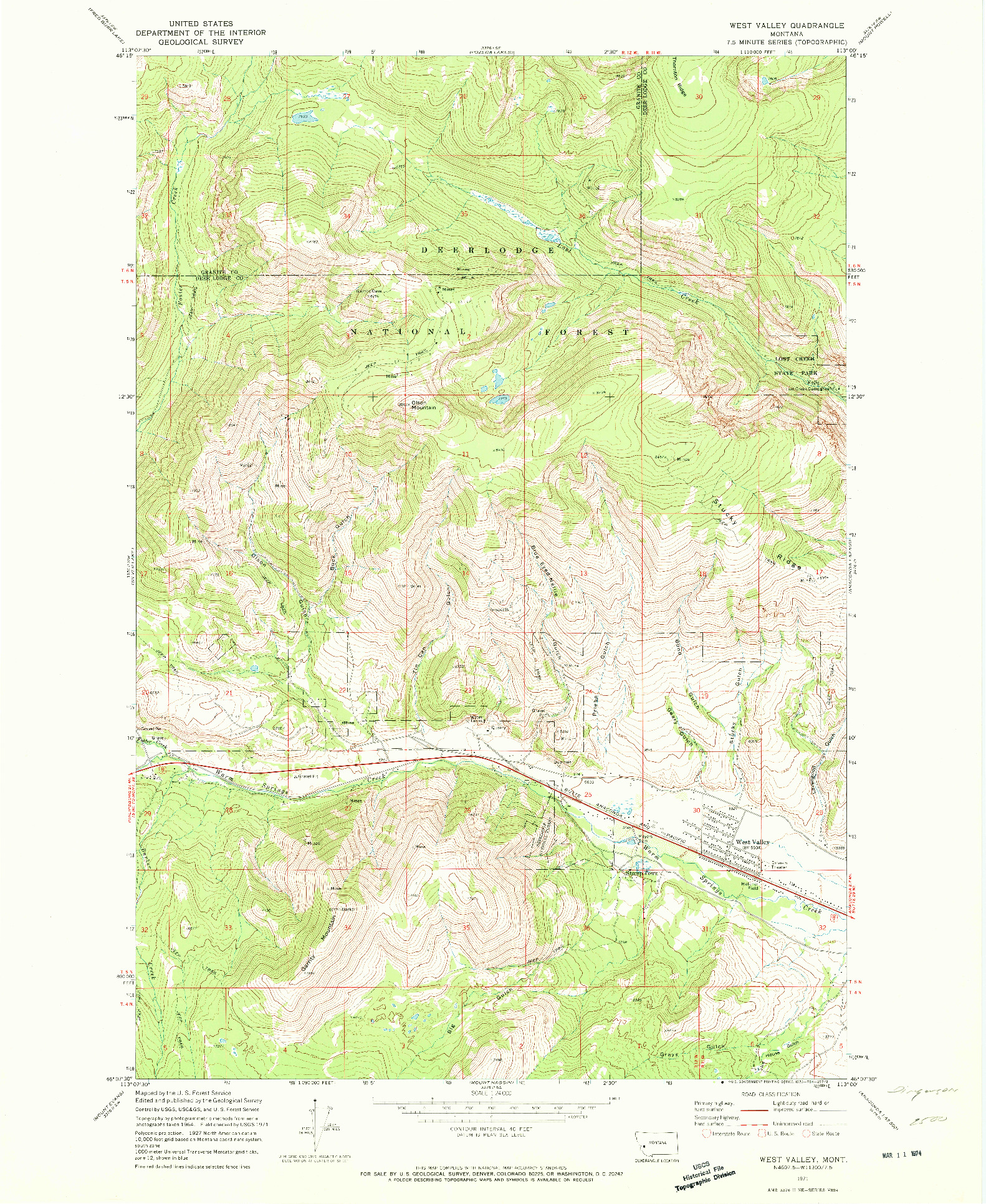 USGS 1:24000-SCALE QUADRANGLE FOR WEST VALLEY, MT 1971