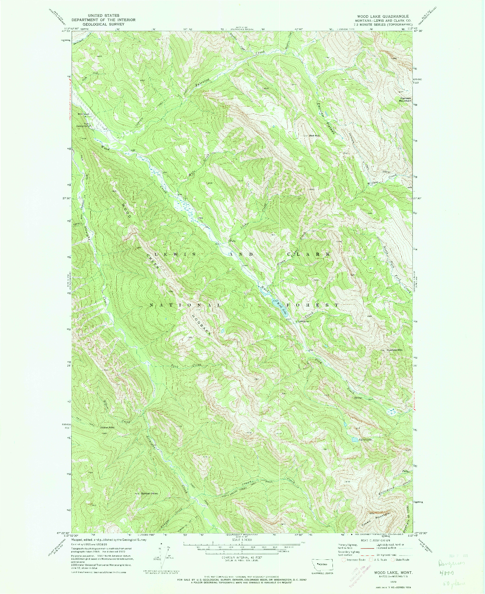 USGS 1:24000-SCALE QUADRANGLE FOR WOOD LAKE, MT 1970