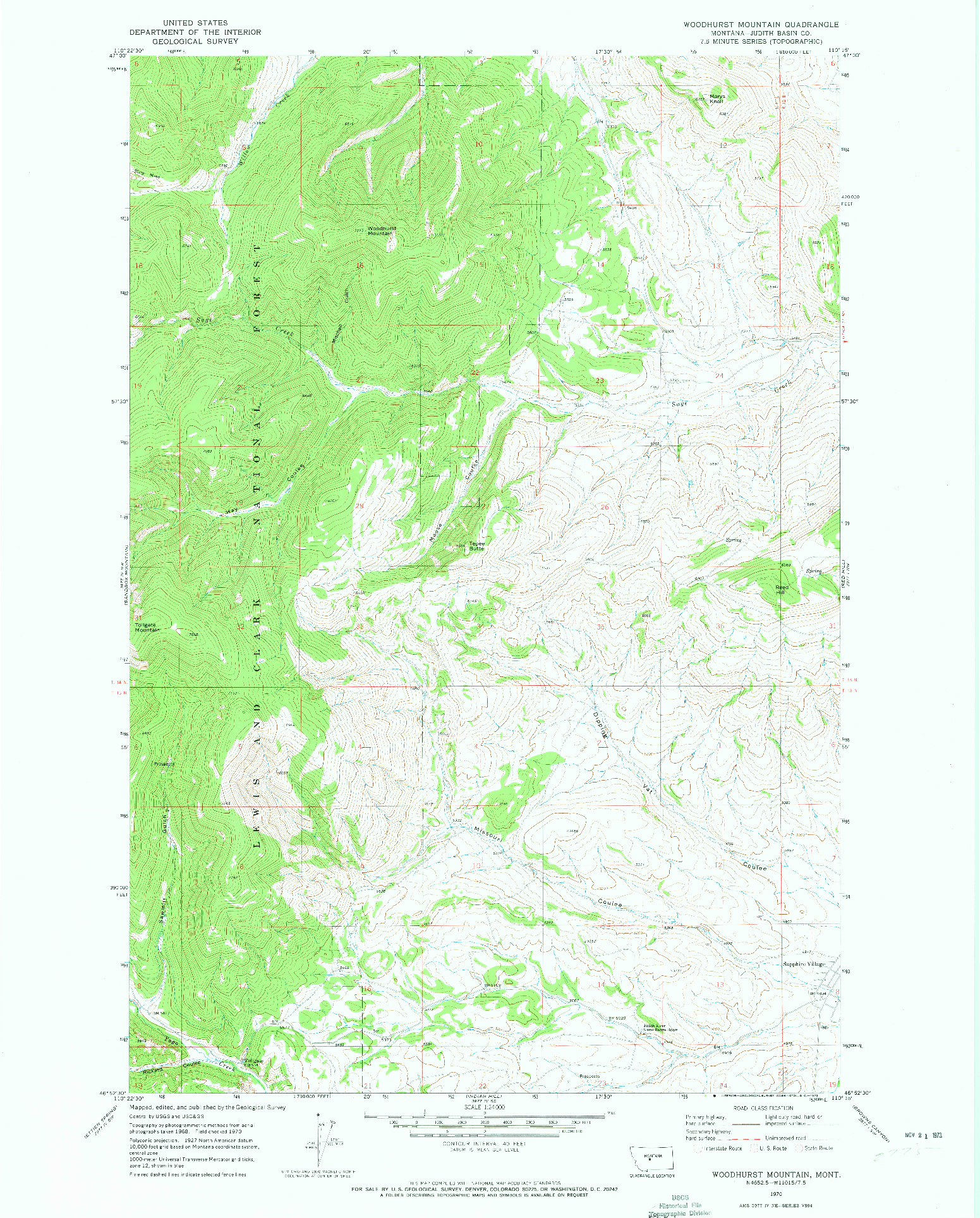 USGS 1:24000-SCALE QUADRANGLE FOR WOODHURST MOUNTAIN, MT 1970