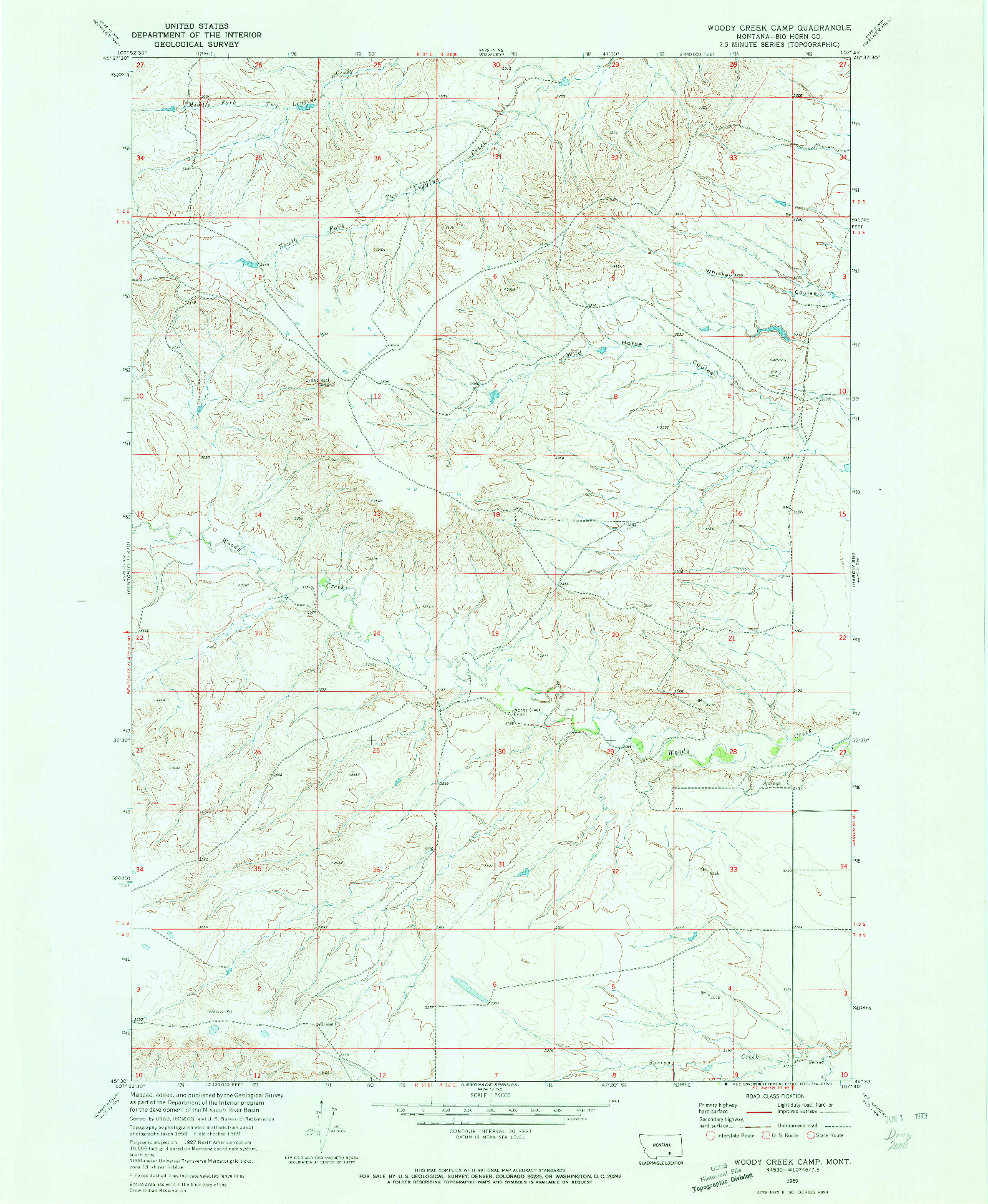 USGS 1:24000-SCALE QUADRANGLE FOR WOODY CREEK CAMP, MT 1969