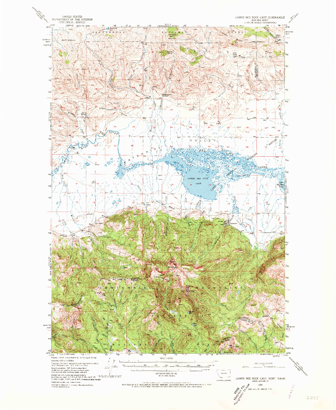 USGS 1:62500-SCALE QUADRANGLE FOR LOWER RED ROCK LAKE, MT 1950