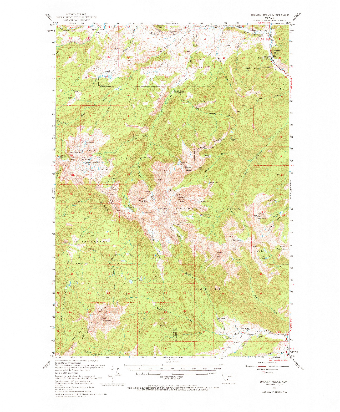 USGS 1:62500-SCALE QUADRANGLE FOR SPANISH PEAKS, MT 1950