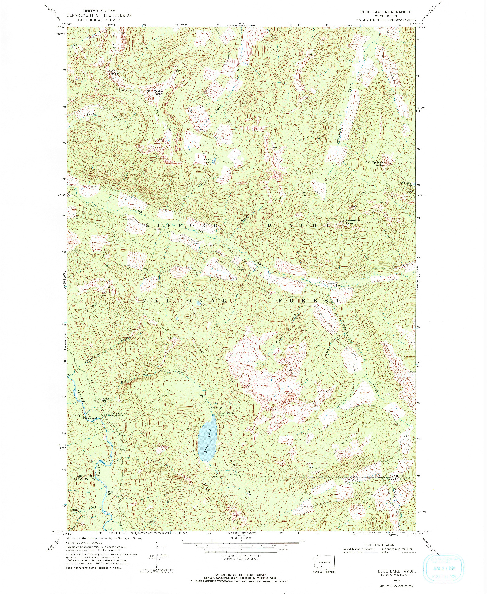 USGS 1:24000-SCALE QUADRANGLE FOR BLUE LAKE, WA 1970