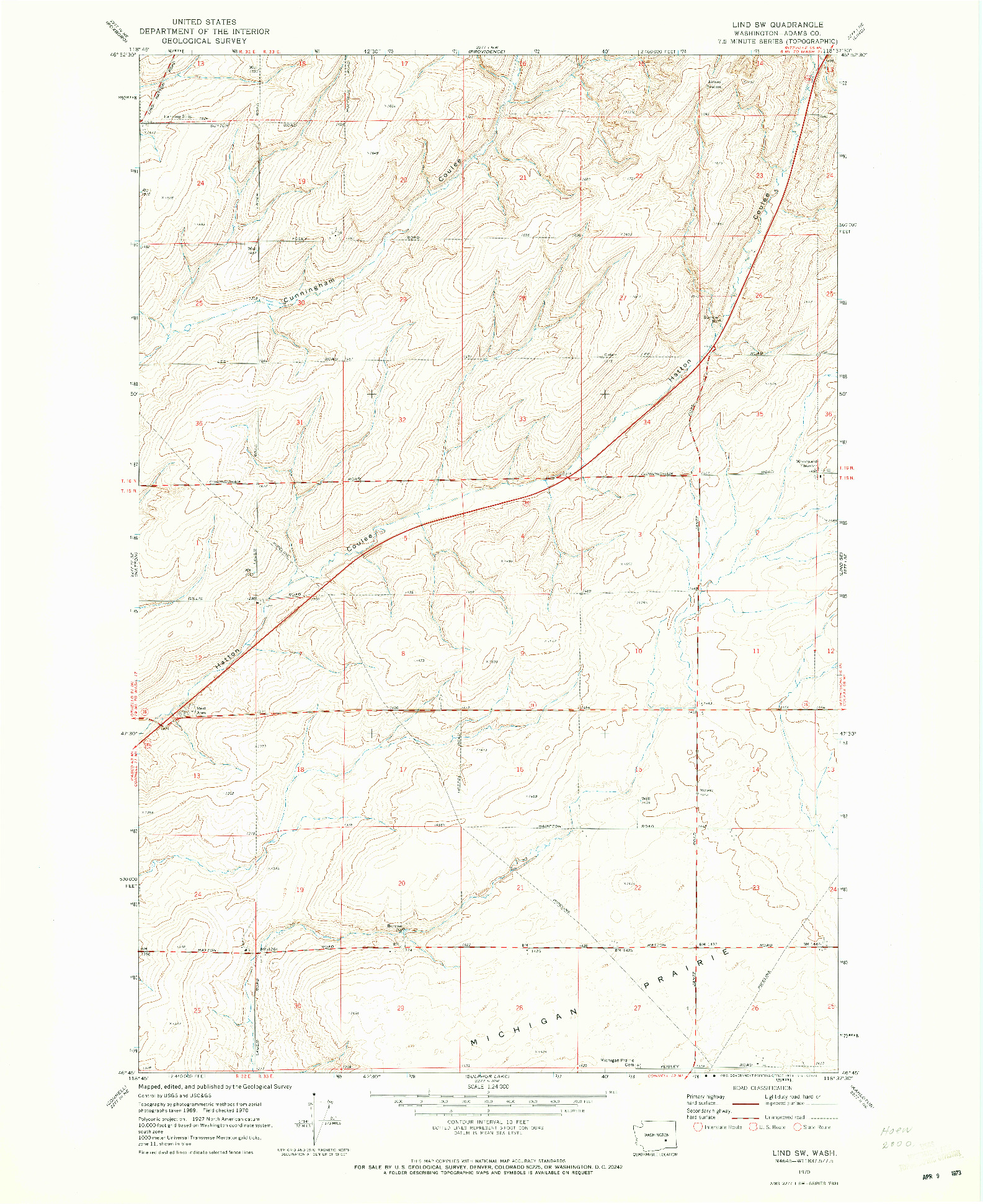 USGS 1:24000-SCALE QUADRANGLE FOR LIND SW, WA 1970