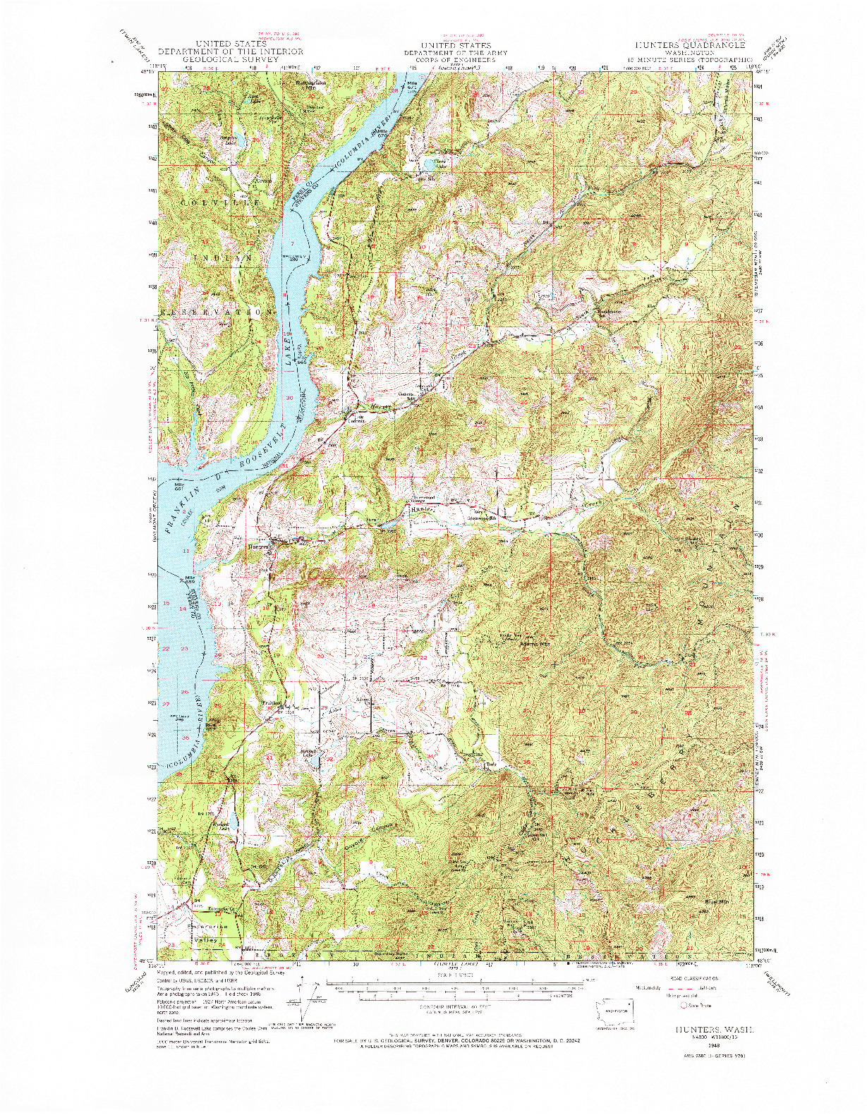 USGS 1:62500-SCALE QUADRANGLE FOR HUNTERS, WA 1948