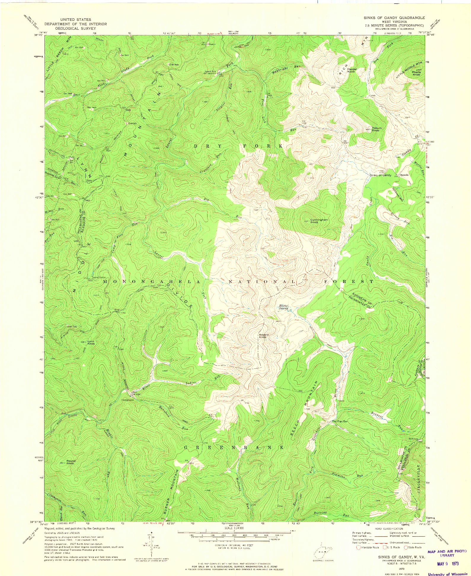 USGS 1:24000-SCALE QUADRANGLE FOR SINKS OF GANDY, WV 1970