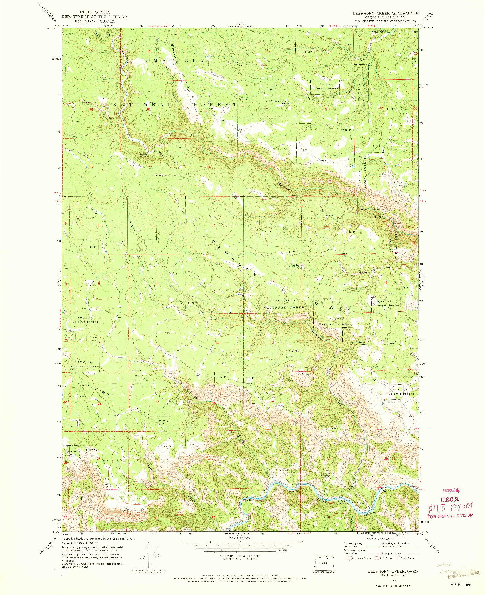 USGS 1:24000-SCALE QUADRANGLE FOR DEERHORN CREEK, OR 1969