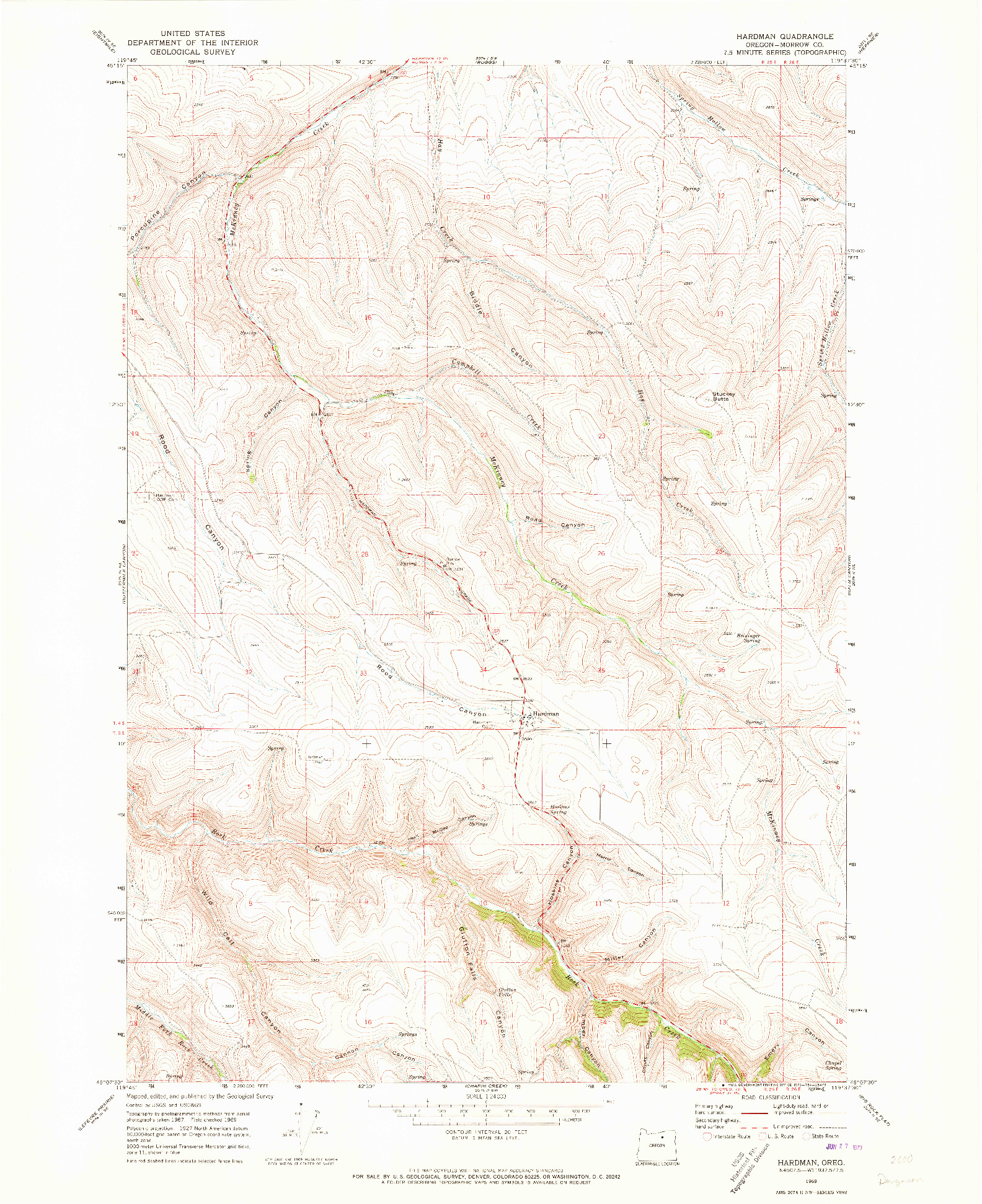 USGS 1:24000-SCALE QUADRANGLE FOR HARDMAN, OR 1969